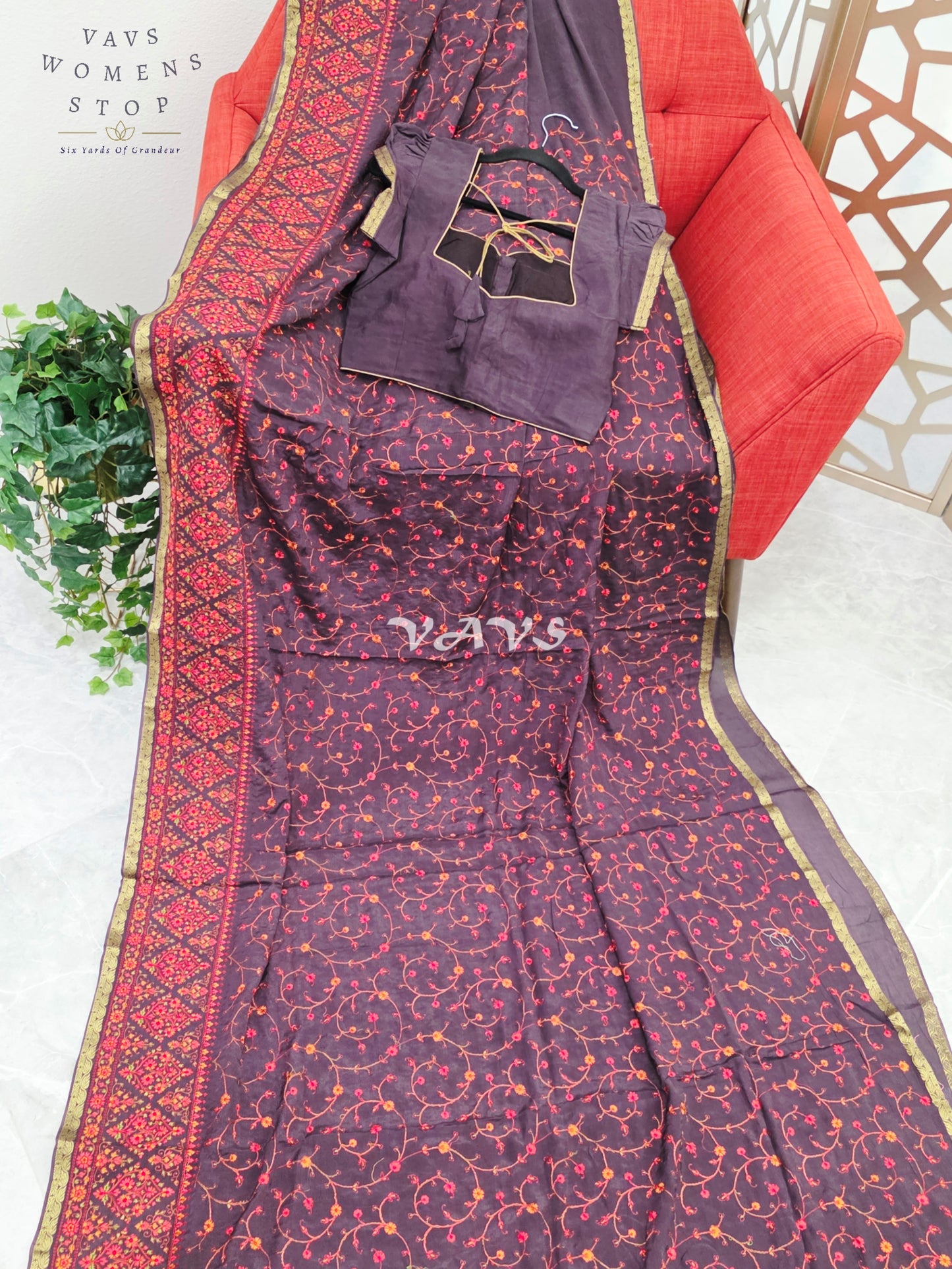 Regal Midnight Aubergine Chinon Crepe Embroidered Saree with Mega Puff-Sleeve Stitched Blouse