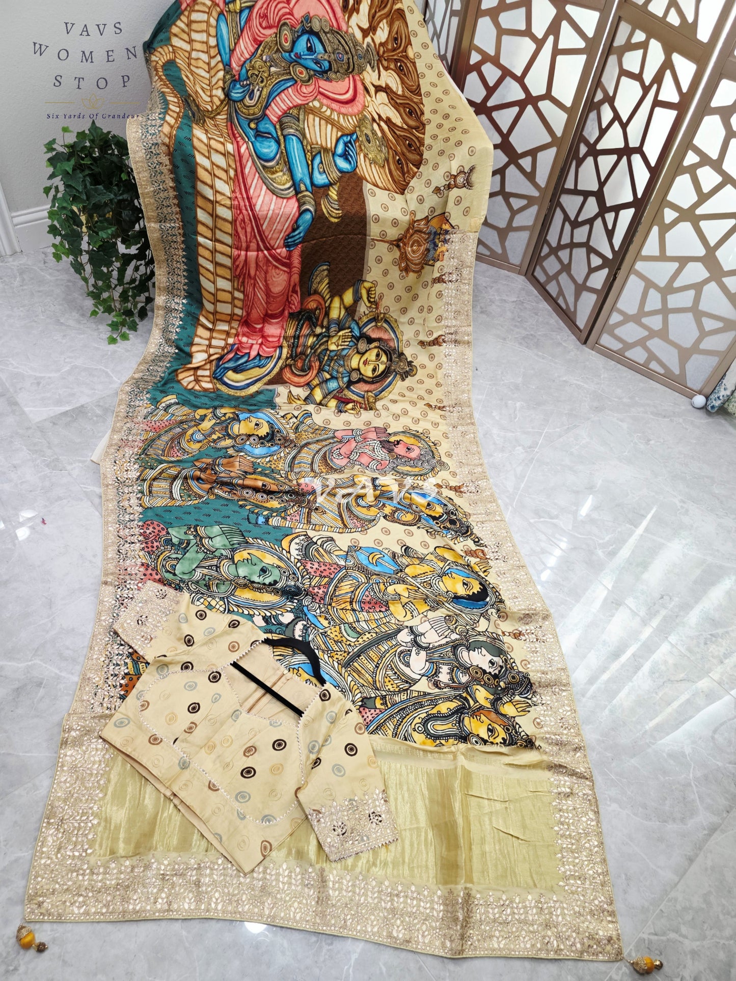Regal Antique Ivory & Temple Teal Pure Gaji Crepe Silk Kalamkari Saree with Gota Patti, Tissue Pallu & Stitched Blouse