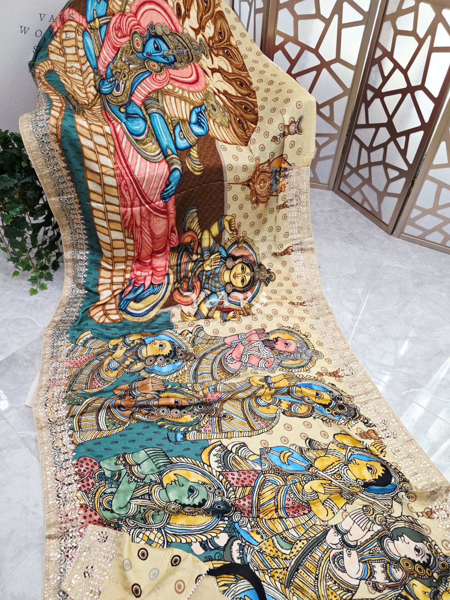 Regal Antique Ivory & Temple Teal Pure Gaji Crepe Silk Kalamkari Saree with Gota Patti, Tissue Pallu & Stitched Blouse