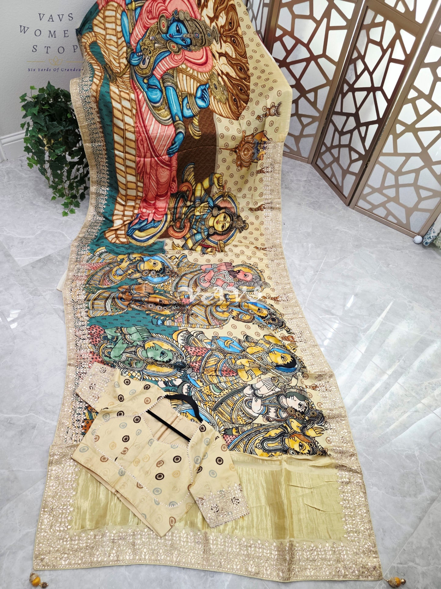 Regal Antique Ivory & Temple Teal Pure Gaji Crepe Silk Kalamkari Saree with Gota Patti, Tissue Pallu & Stitched Blouse