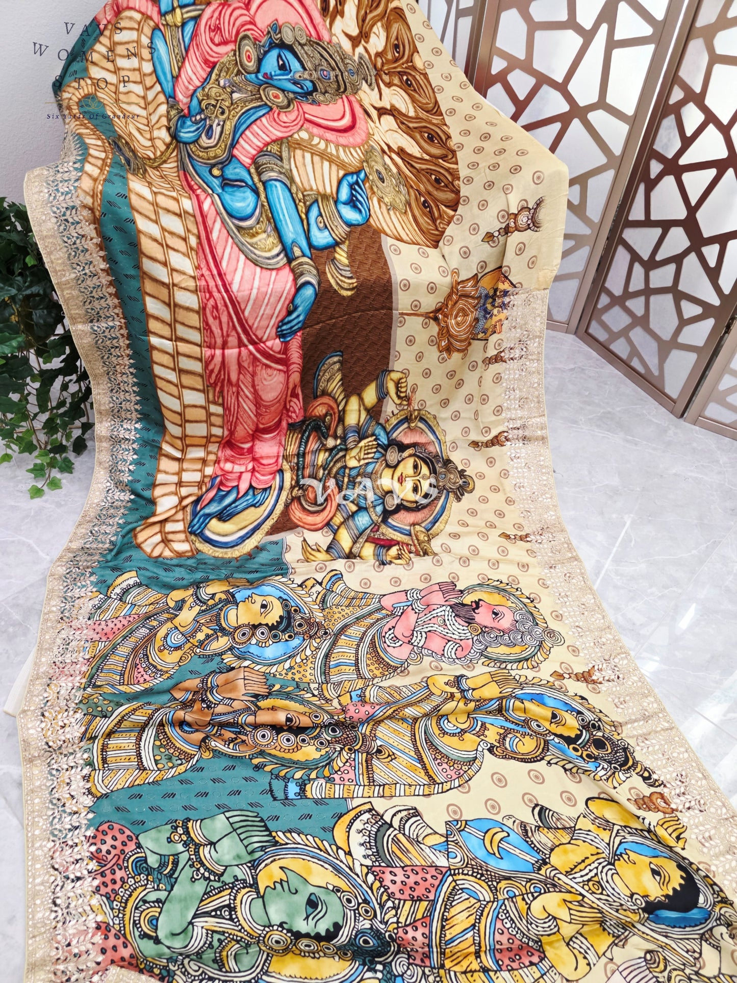 Regal Antique Ivory & Temple Teal Pure Gaji Crepe Silk Kalamkari Saree with Gota Patti, Tissue Pallu & Stitched Blouse