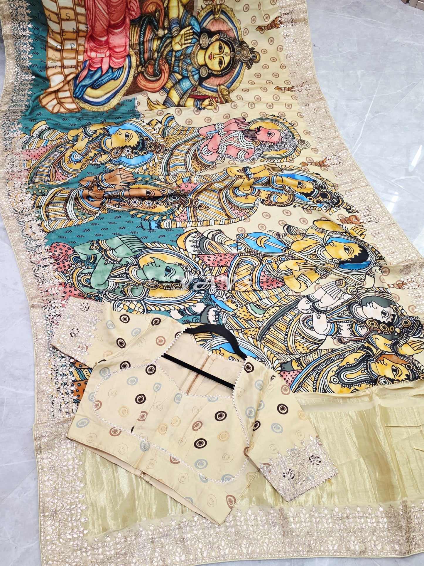 Regal Antique Ivory & Temple Teal Pure Gaji Crepe Silk Kalamkari Saree with Gota Patti, Tissue Pallu & Stitched Blouse