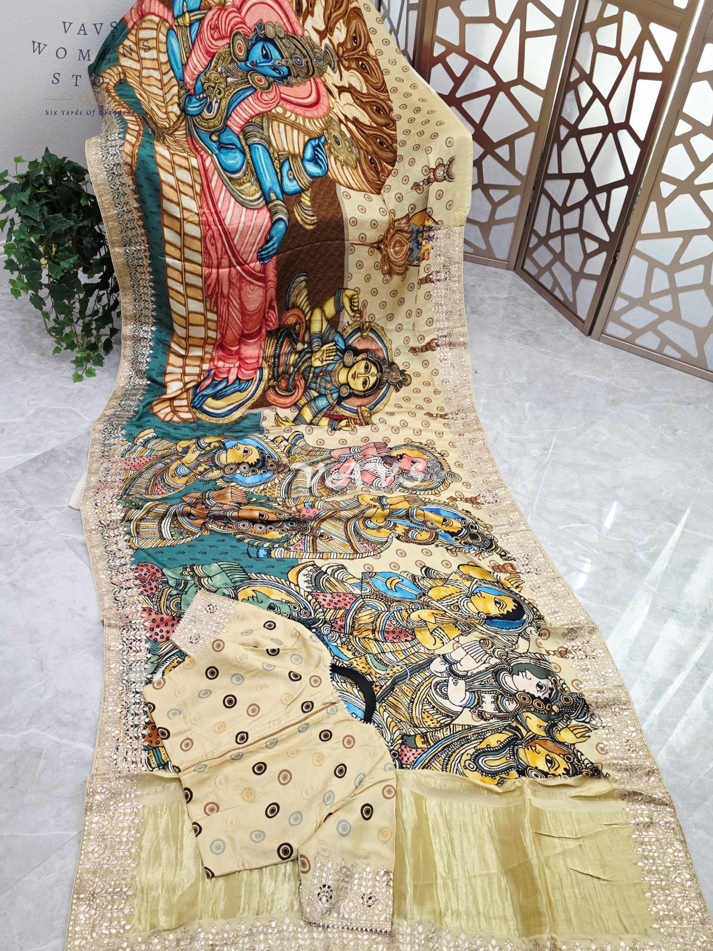 Regal Antique Ivory & Temple Teal Pure Gaji Crepe Silk Kalamkari Saree with Gota Patti, Tissue Pallu & Stitched Blouse