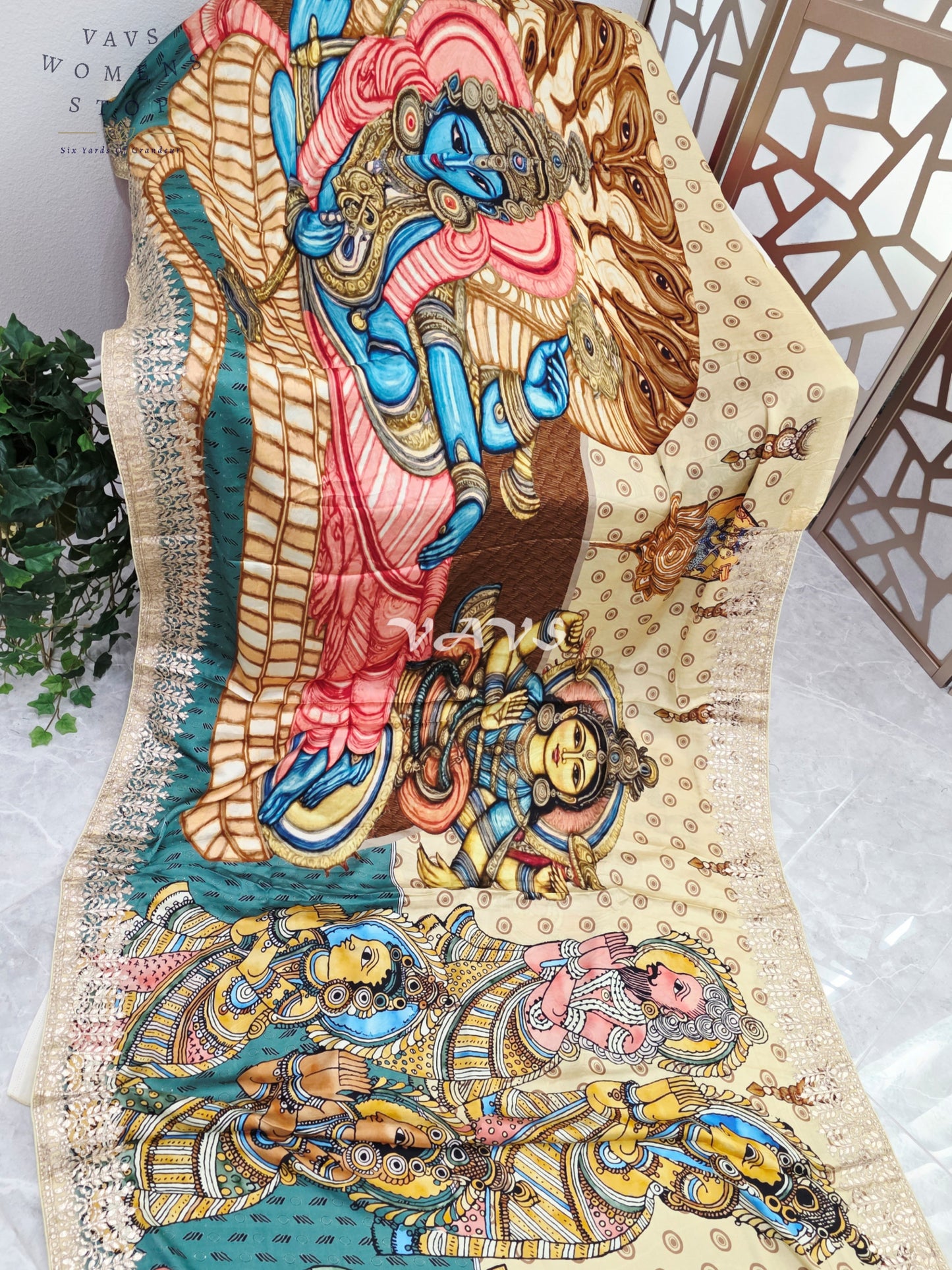 Regal Antique Ivory & Temple Teal Pure Gaji Crepe Silk Kalamkari Saree with Gota Patti, Tissue Pallu & Stitched Blouse