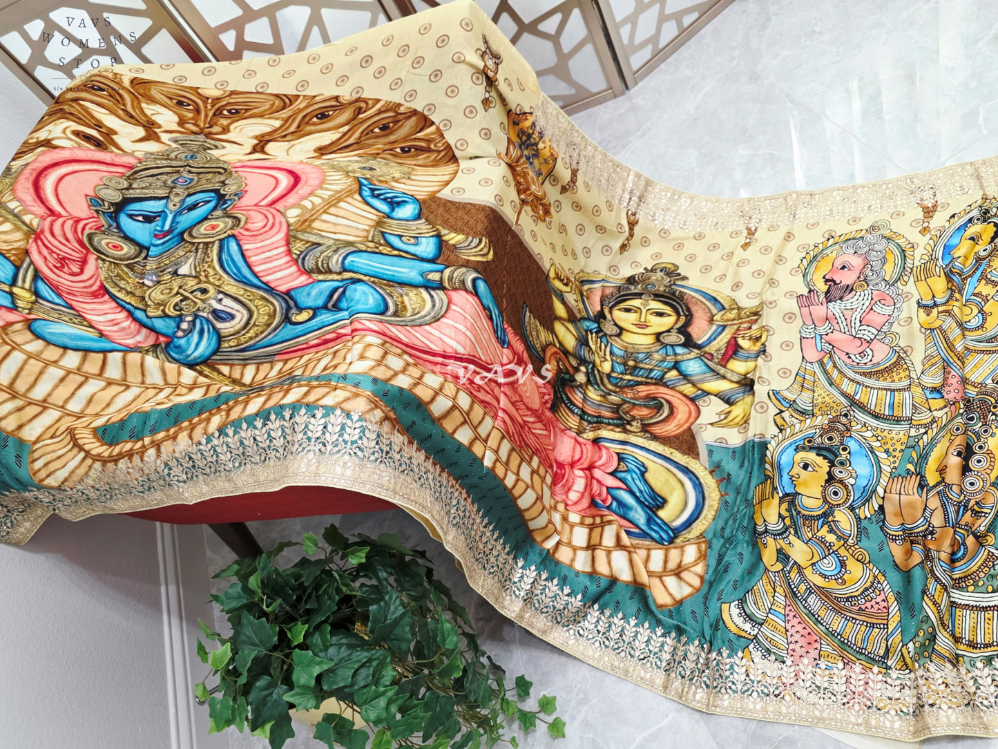Regal Antique Ivory & Temple Teal Pure Gaji Crepe Silk Kalamkari Saree with Gota Patti, Tissue Pallu & Stitched Blouse