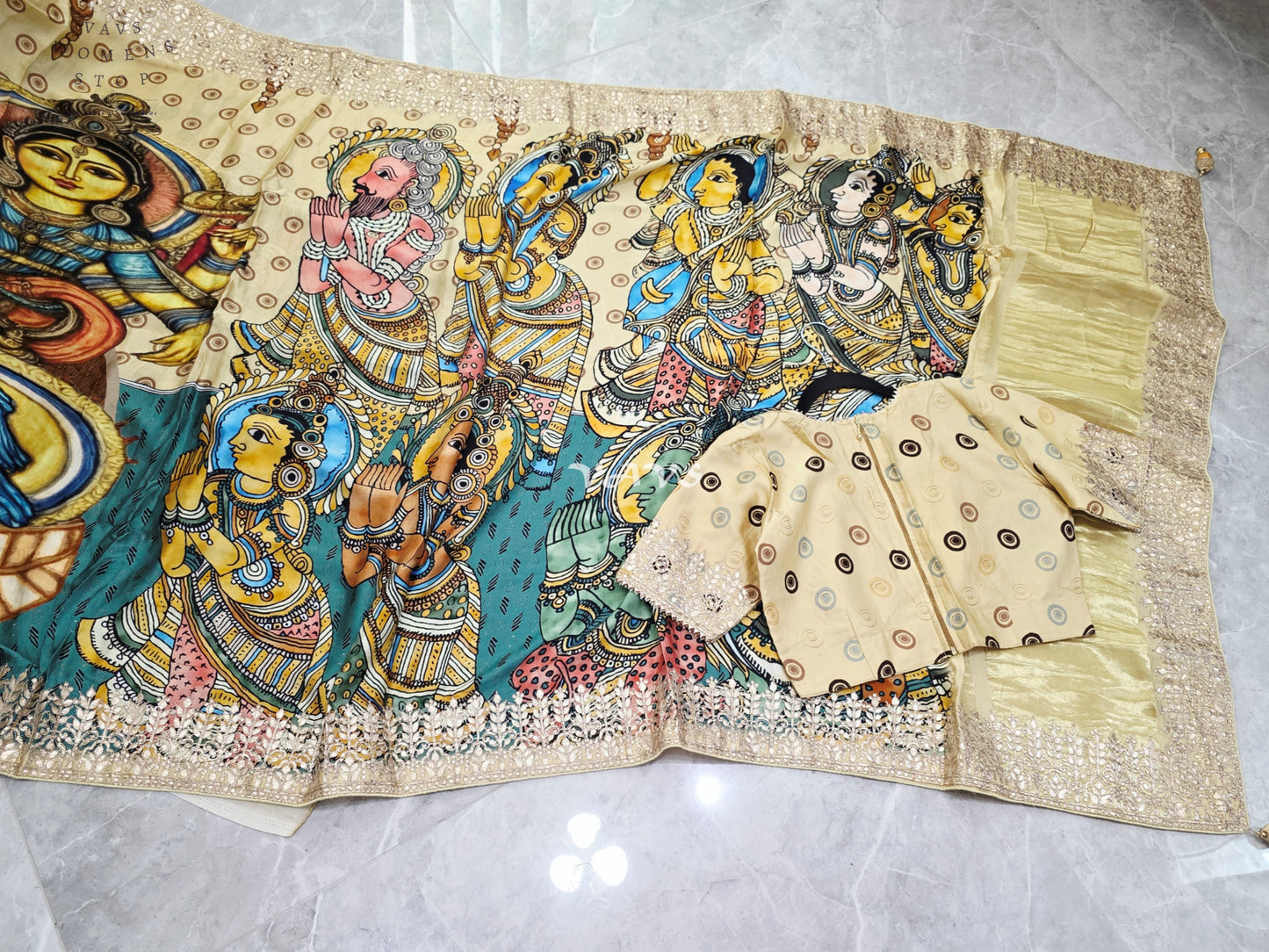 Regal Antique Ivory & Temple Teal Pure Gaji Crepe Silk Kalamkari Saree with Gota Patti, Tissue Pallu & Stitched Blouse
