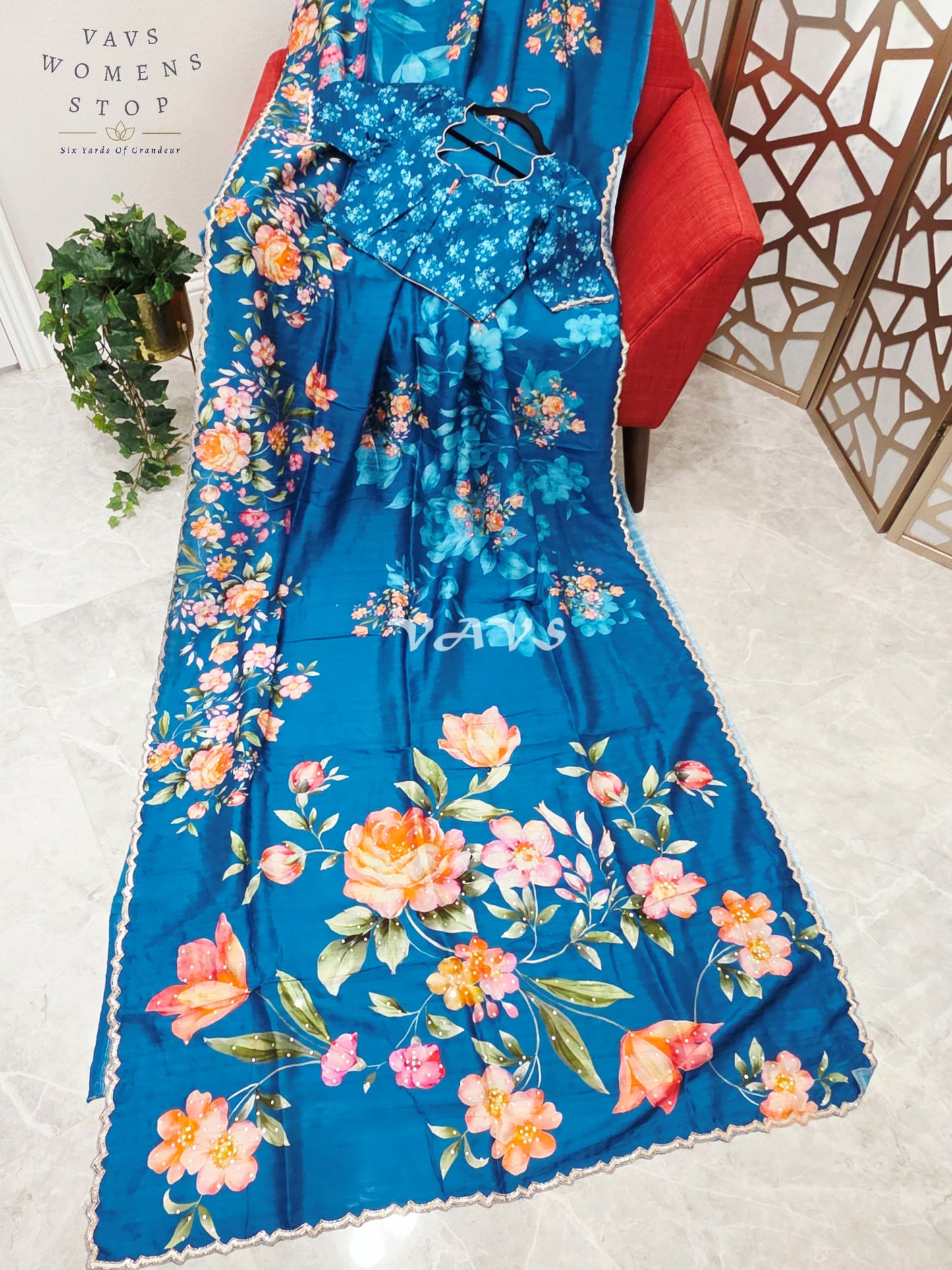 Regal Peacock Teal Floral Russian Crepe Silk Saree with Sequin Scallop Border & Stitched Designer Blouse