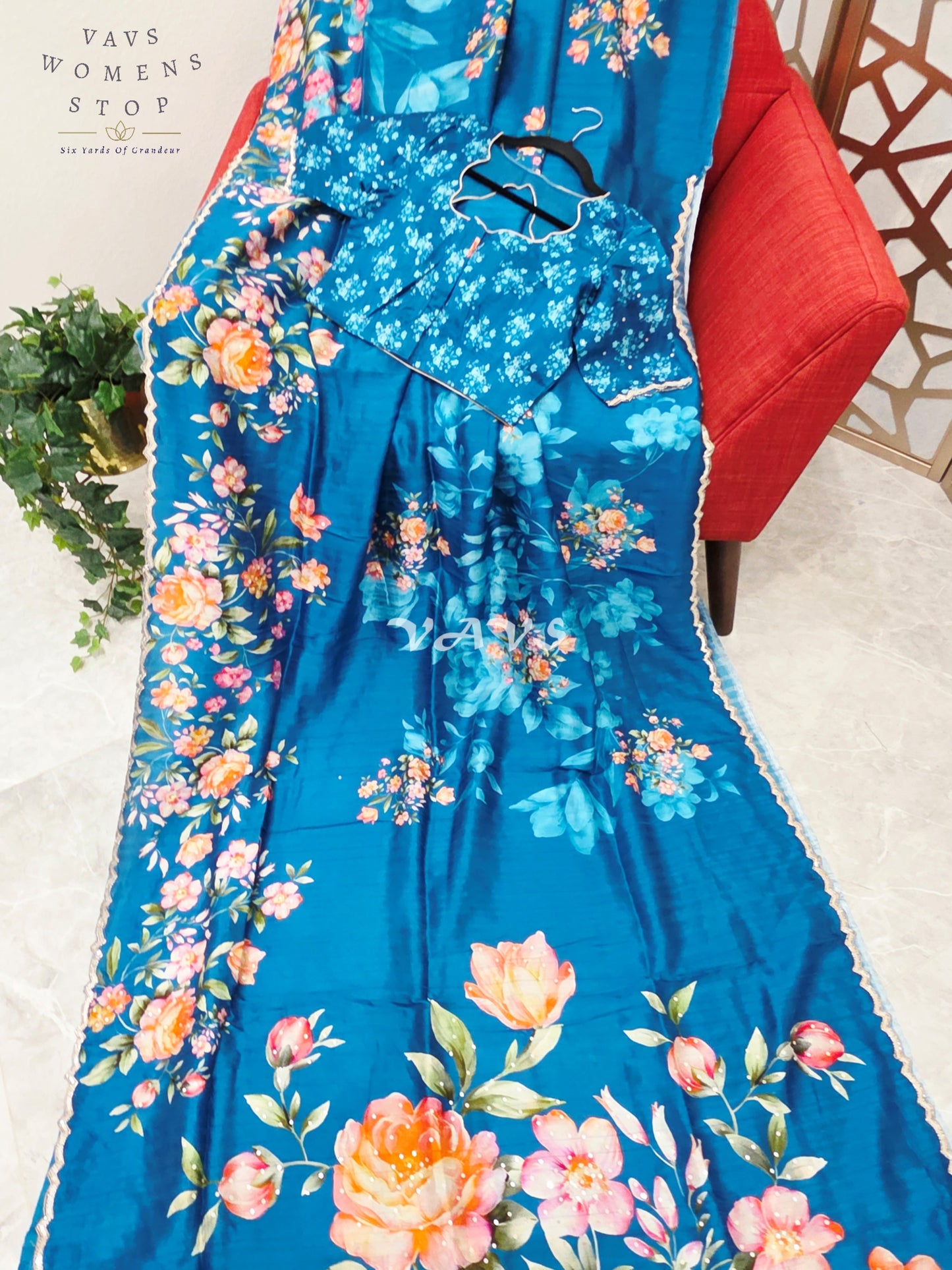 Regal Peacock Teal Floral Russian Crepe Silk Saree with Sequin Scallop Border & Stitched Designer Blouse