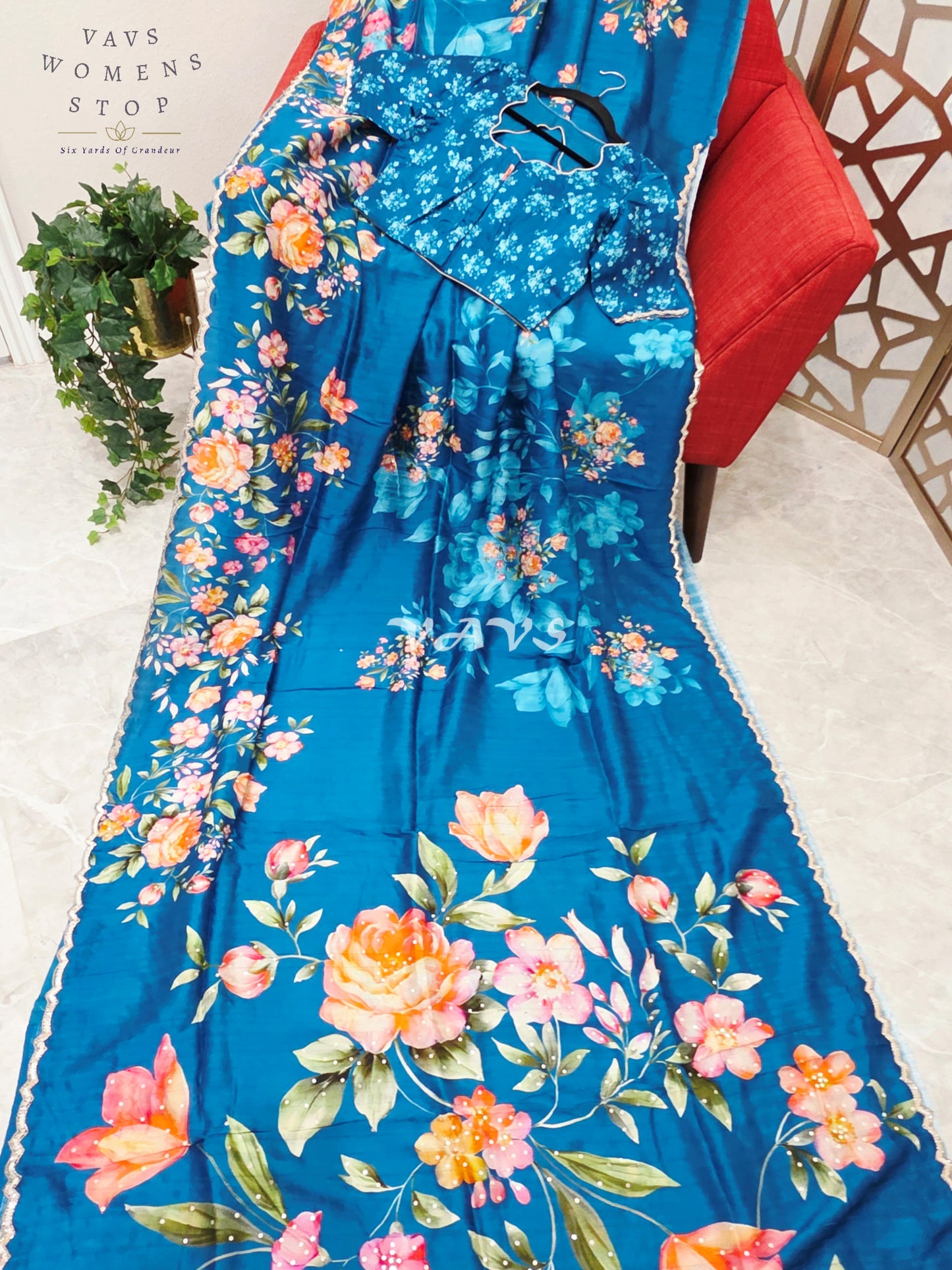 Regal Peacock Teal Floral Russian Crepe Silk Saree with Sequin Scallop Border & Stitched Designer Blouse