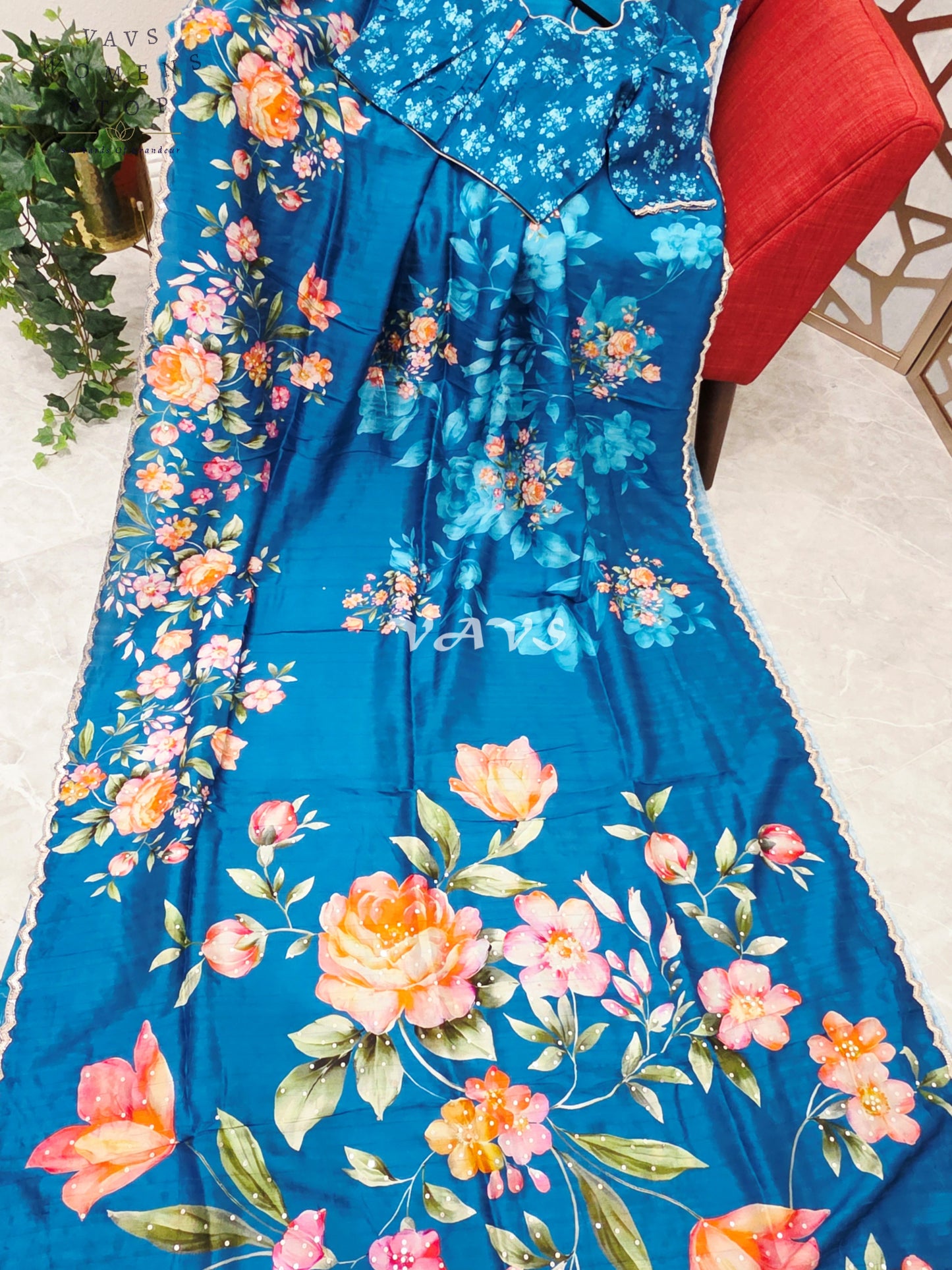 Regal Peacock Teal Floral Russian Crepe Silk Saree with Sequin Scallop Border & Stitched Designer Blouse