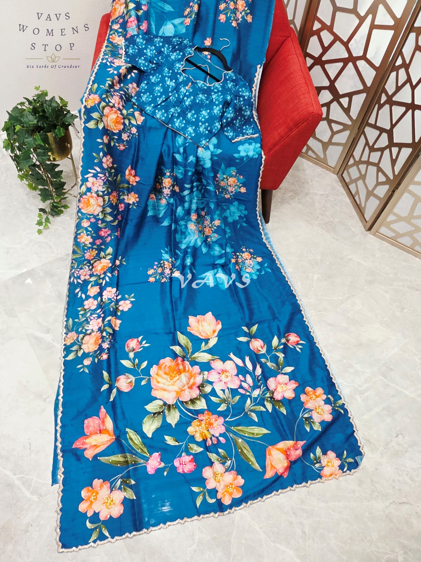 Regal Peacock Teal Floral Russian Crepe Silk Saree with Sequin Scallop Border & Stitched Designer Blouse