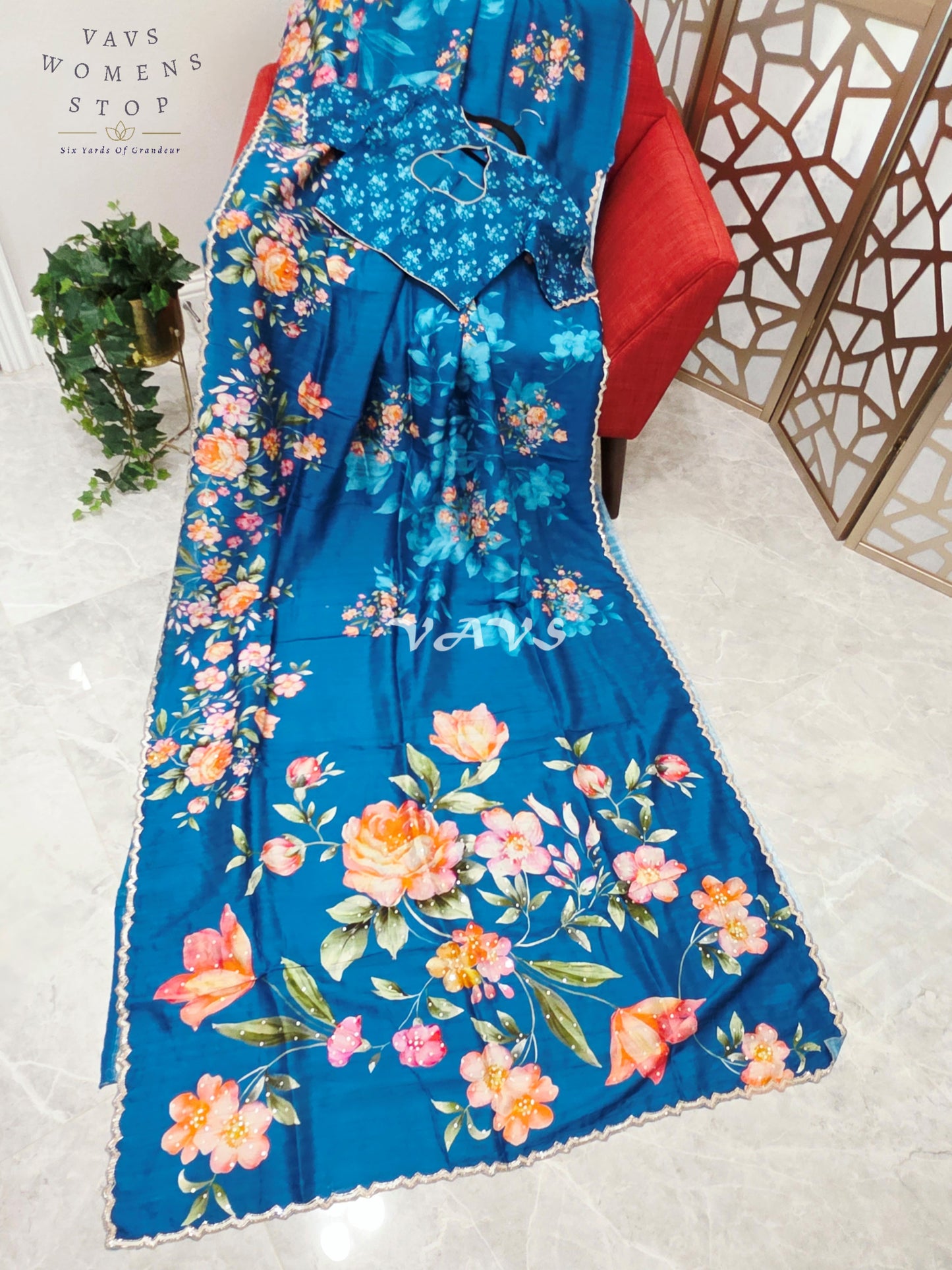 Regal Peacock Teal Floral Russian Crepe Silk Saree with Sequin Scallop Border & Stitched Designer Blouse