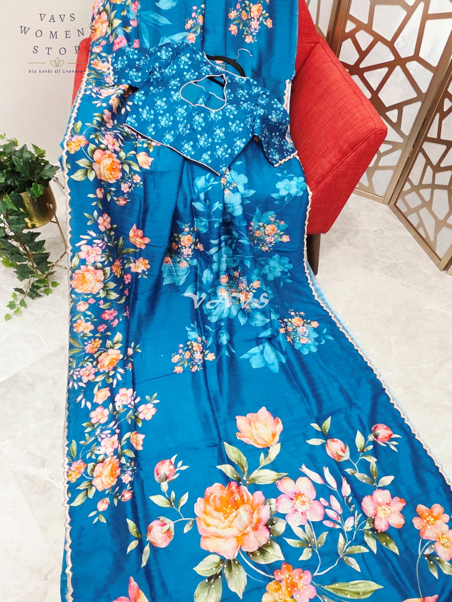 Regal Peacock Teal Floral Russian Crepe Silk Saree with Sequin Scallop Border & Stitched Designer Blouse