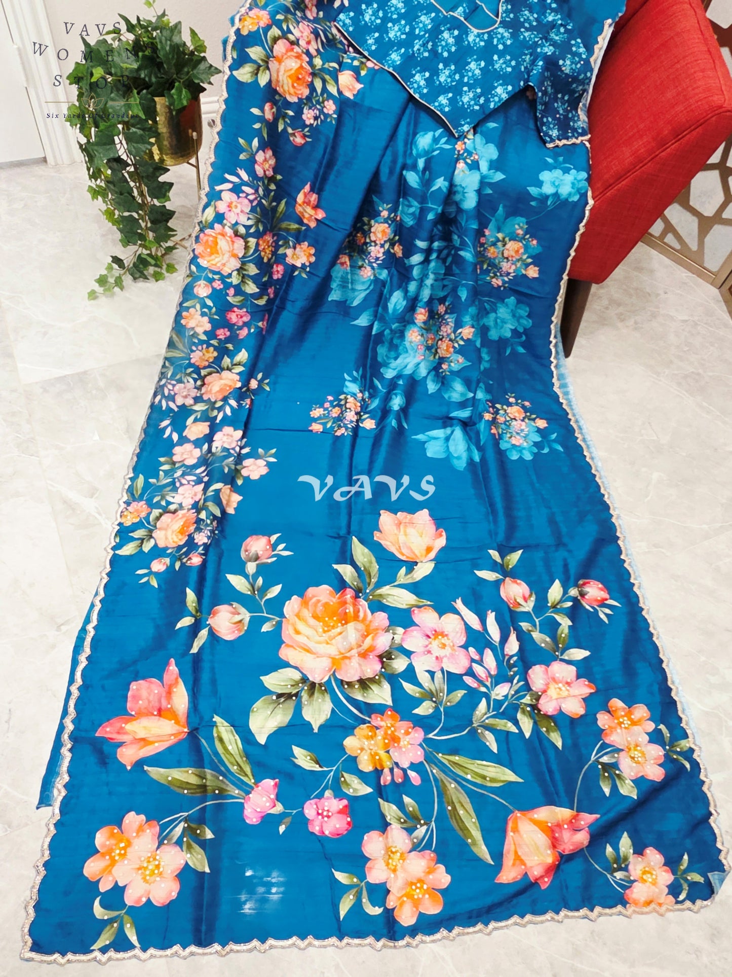 Regal Peacock Teal Floral Russian Crepe Silk Saree with Sequin Scallop Border & Stitched Designer Blouse