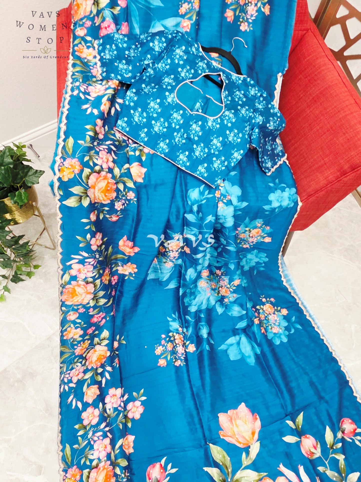 Regal Peacock Teal Floral Russian Crepe Silk Saree with Sequin Scallop Border & Stitched Designer Blouse