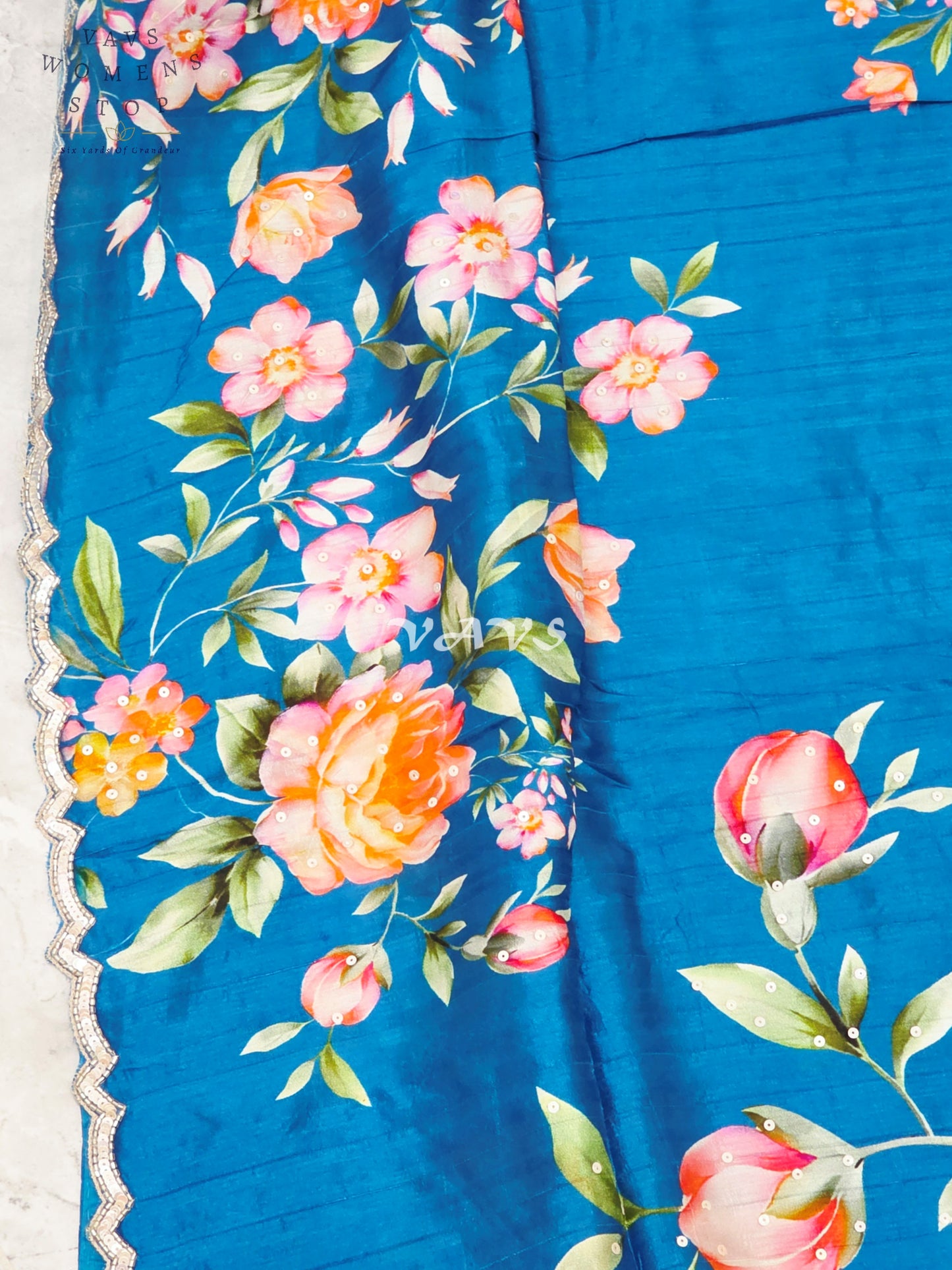 Regal Peacock Teal Floral Russian Crepe Silk Saree with Sequin Scallop Border & Stitched Designer Blouse