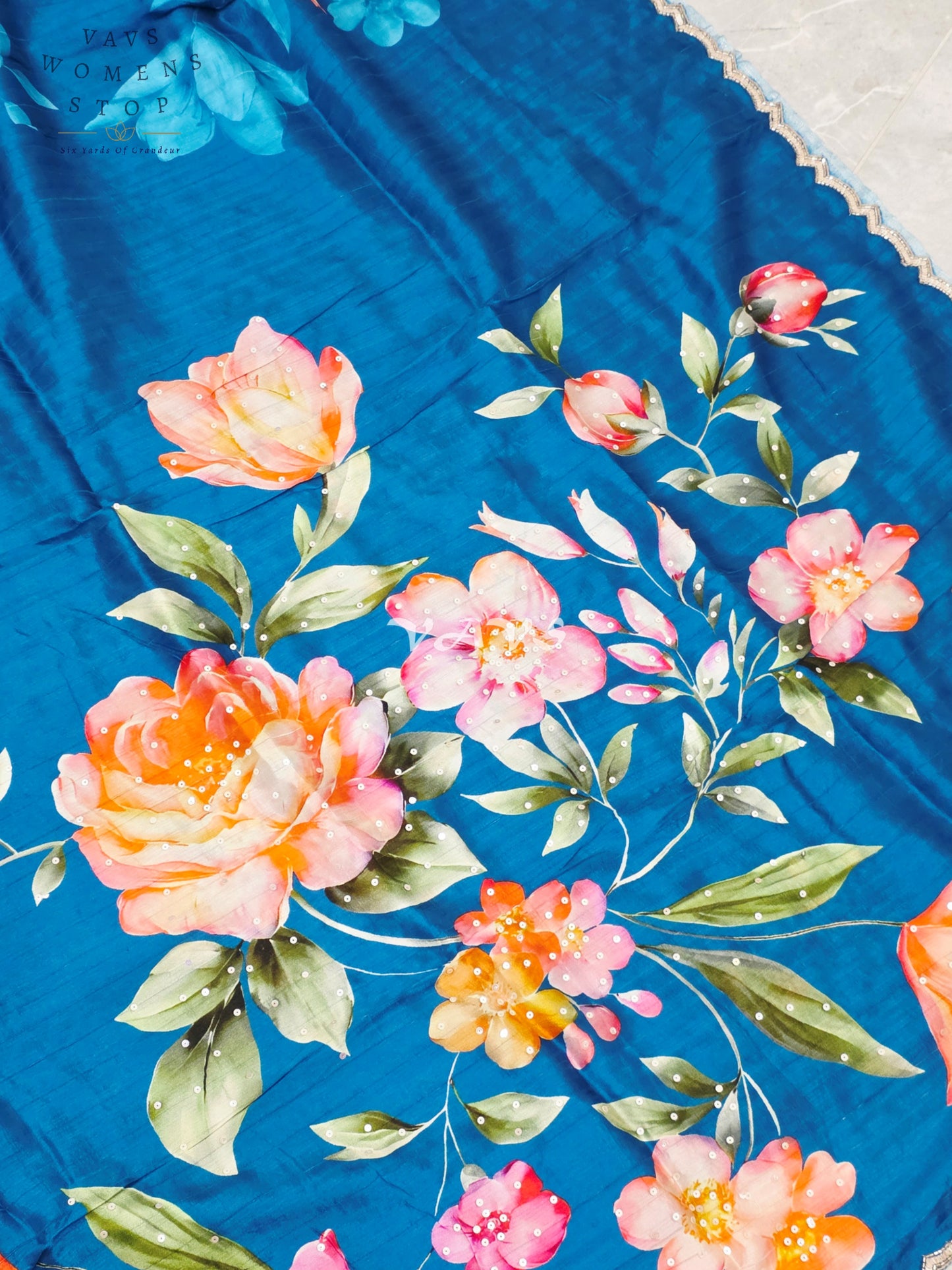 Regal Peacock Teal Floral Russian Crepe Silk Saree with Sequin Scallop Border & Stitched Designer Blouse