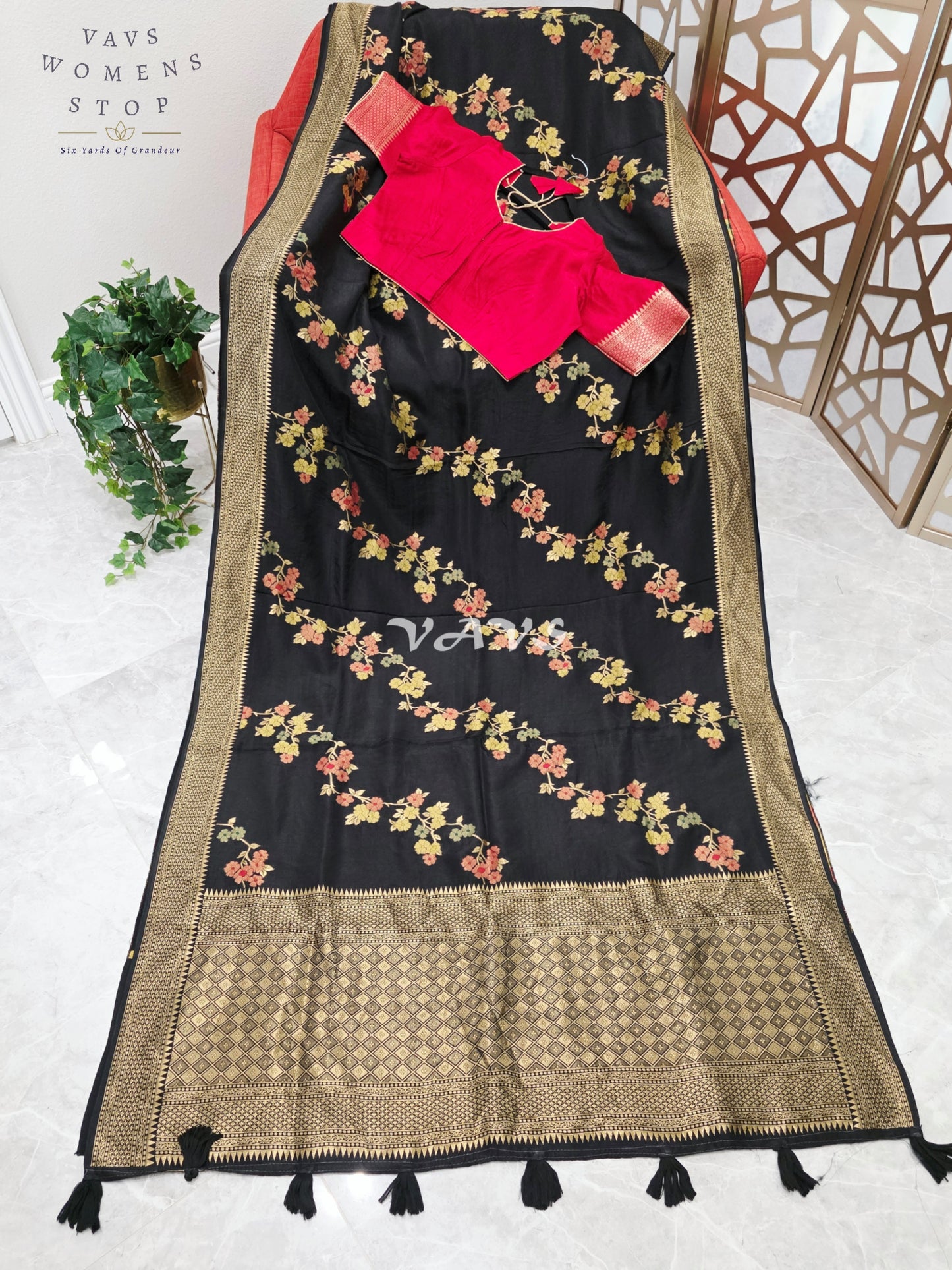 Regal Midnight Black Floral Leheriya Munga Crepe Silk Saree with Antique Gold Pallu & Ruby Red Stitched Blouse