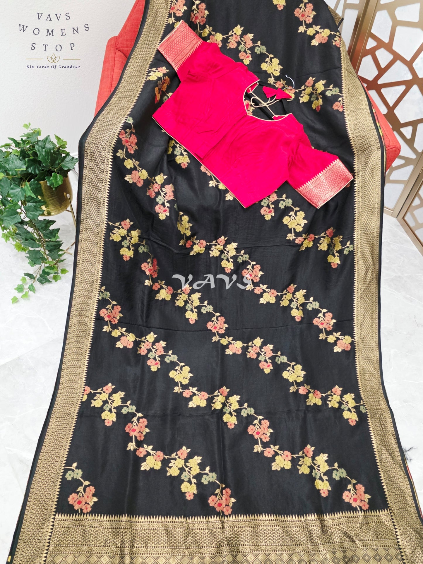 Regal Midnight Black Floral Leheriya Munga Crepe Silk Saree with Antique Gold Pallu & Ruby Red Stitched Blouse