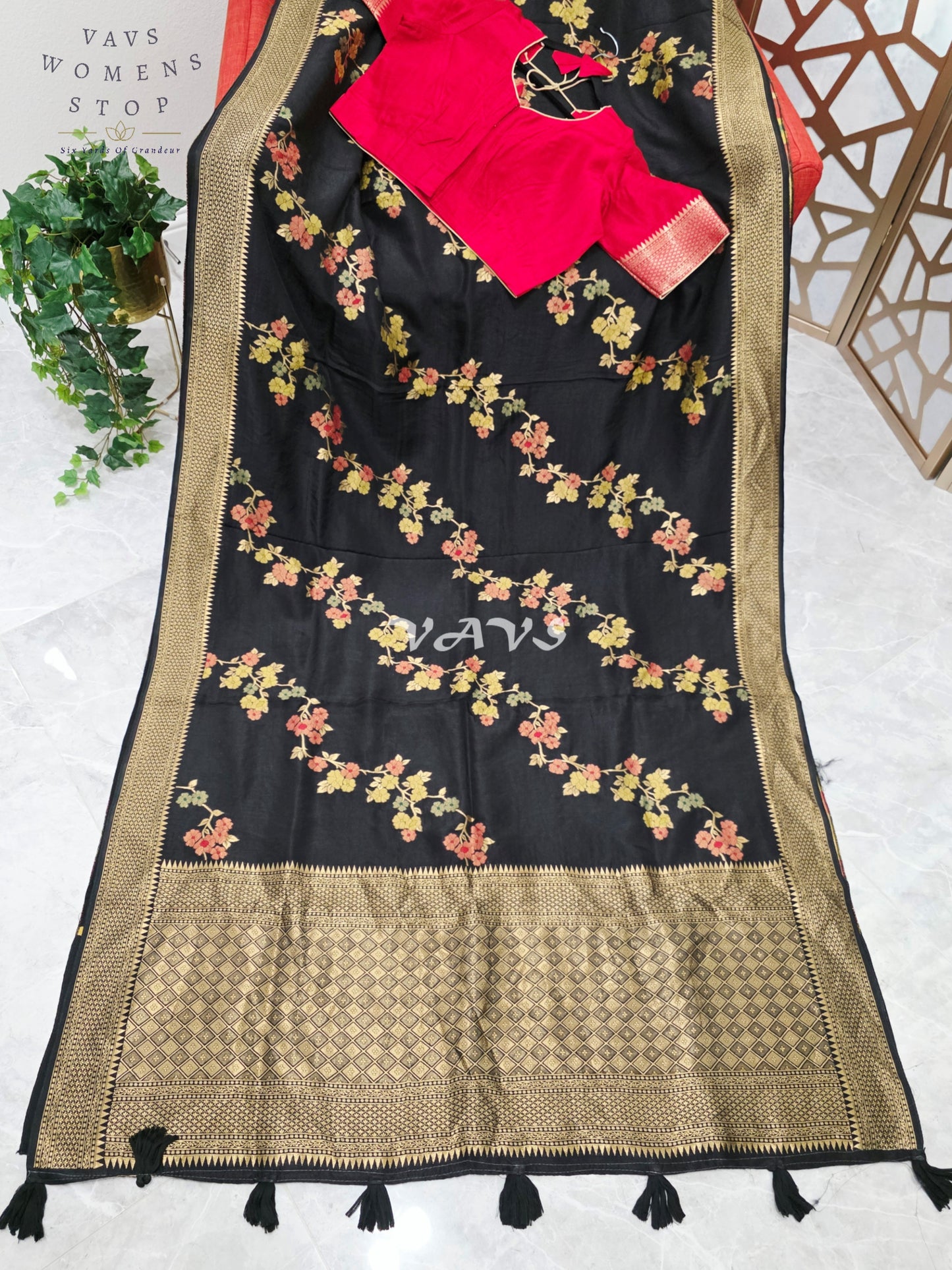 Regal Midnight Black Floral Leheriya Munga Crepe Silk Saree with Antique Gold Pallu & Ruby Red Stitched Blouse