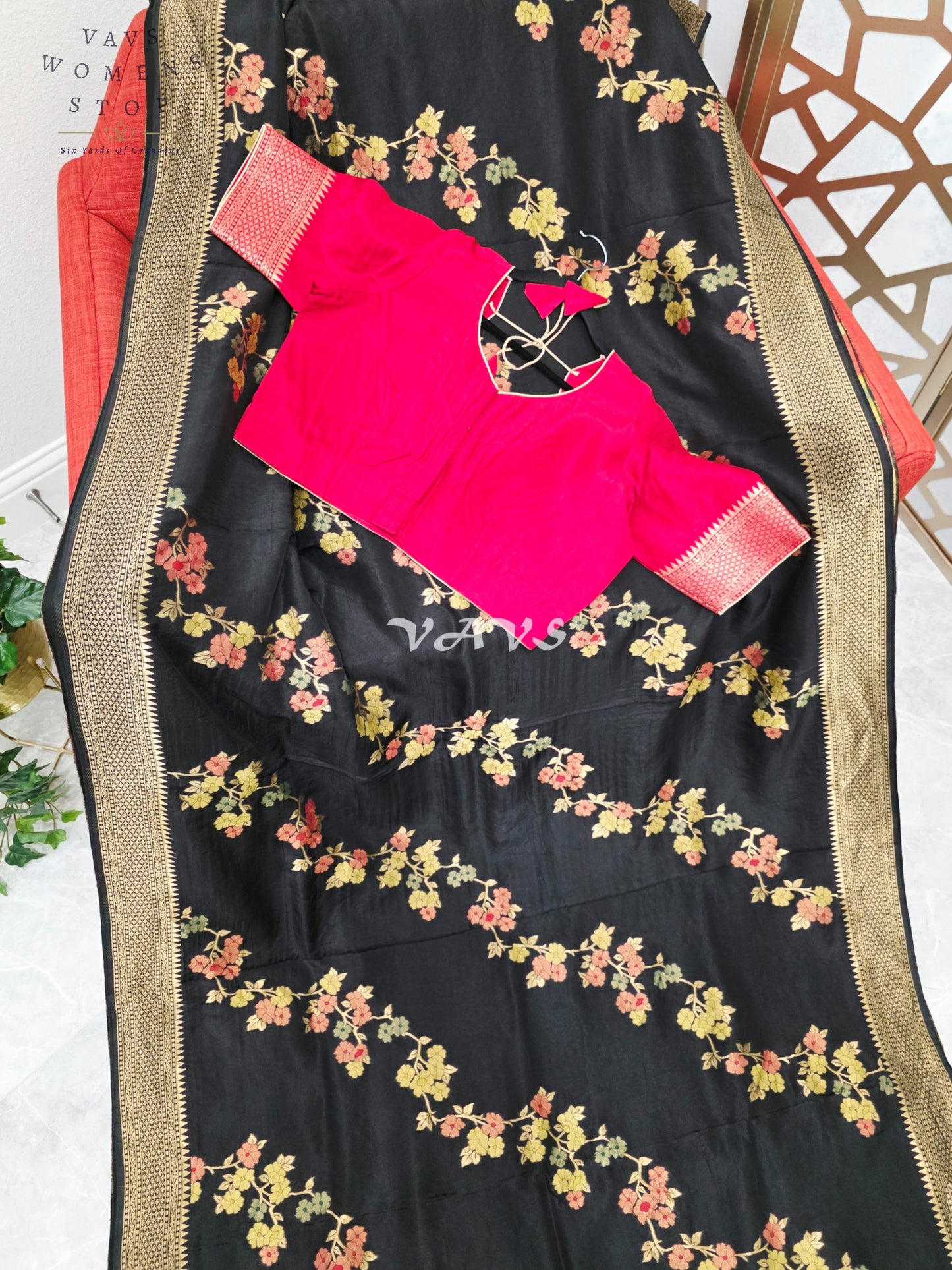 Regal Midnight Black Floral Leheriya Munga Crepe Silk Saree with Antique Gold Pallu & Ruby Red Stitched Blouse
