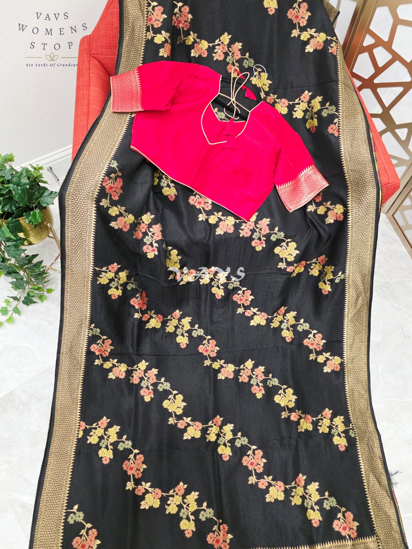 Regal Midnight Black Floral Leheriya Munga Crepe Silk Saree with Antique Gold Pallu & Ruby Red Stitched Blouse
