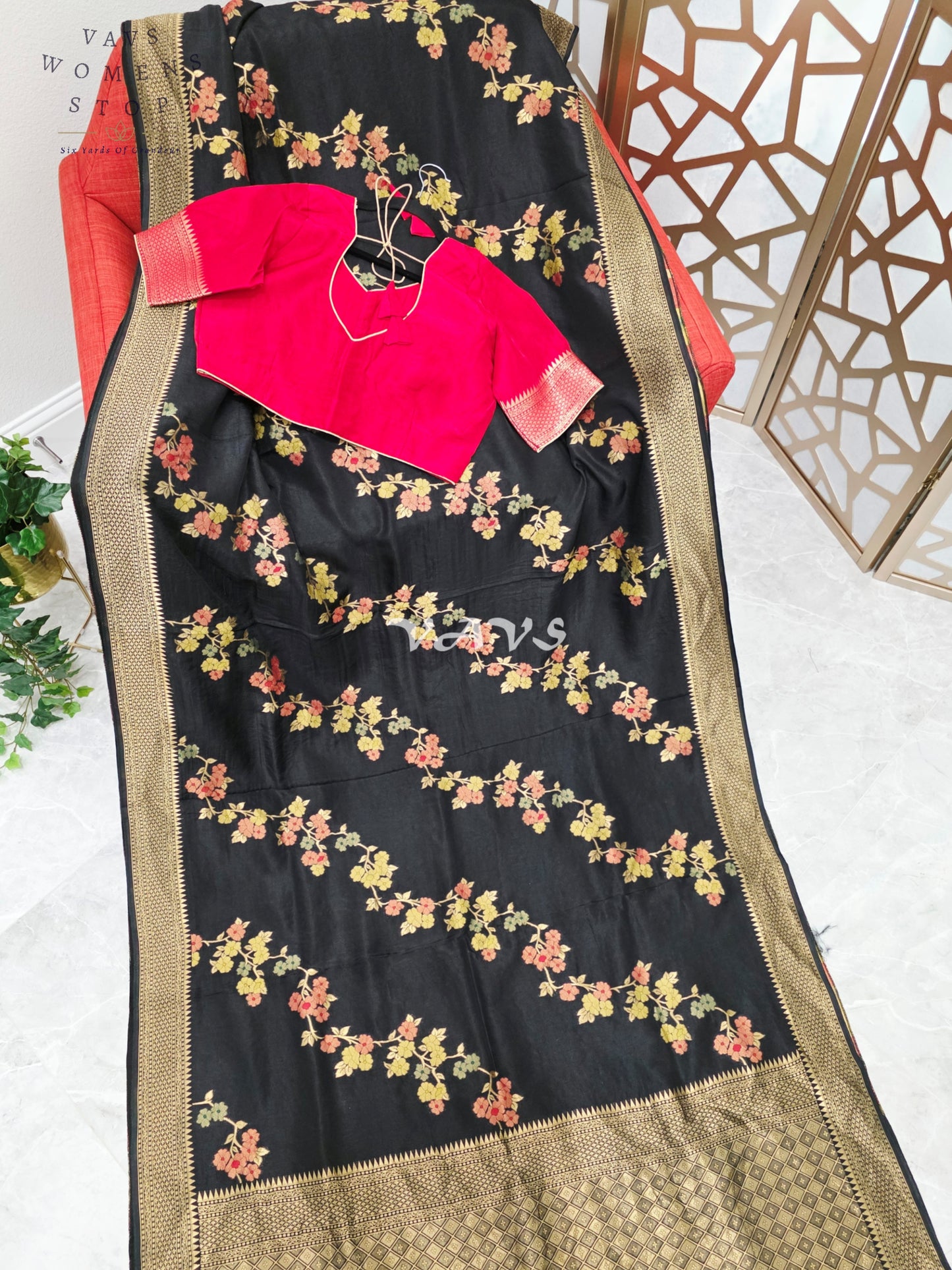 Regal Midnight Black Floral Leheriya Munga Crepe Silk Saree with Antique Gold Pallu & Ruby Red Stitched Blouse