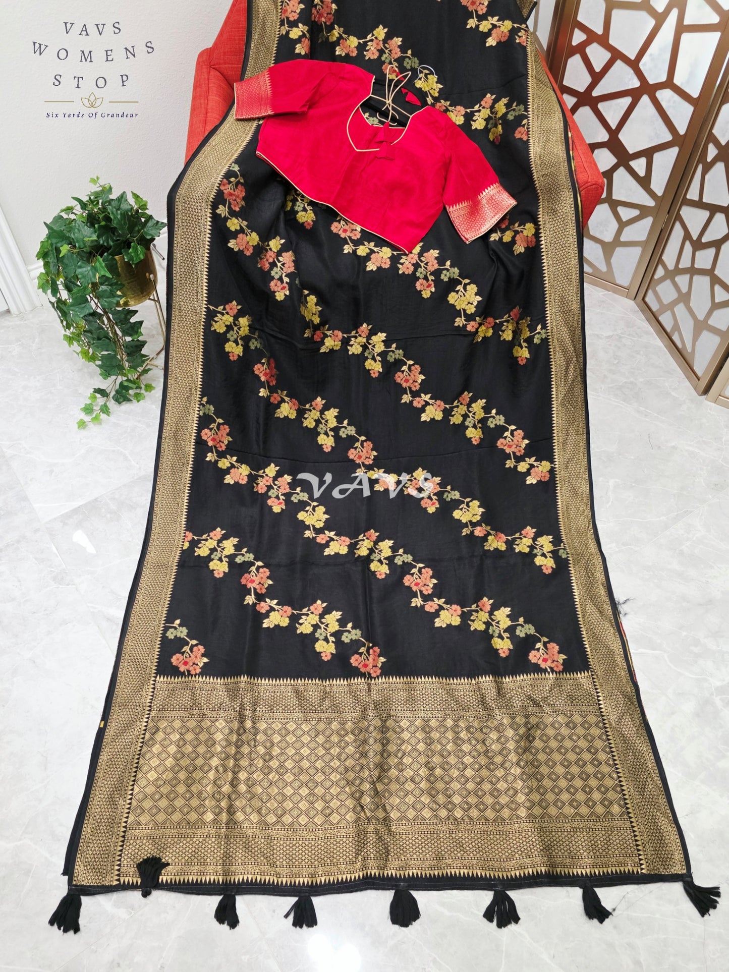 Regal Midnight Black Floral Leheriya Munga Crepe Silk Saree with Antique Gold Pallu & Ruby Red Stitched Blouse