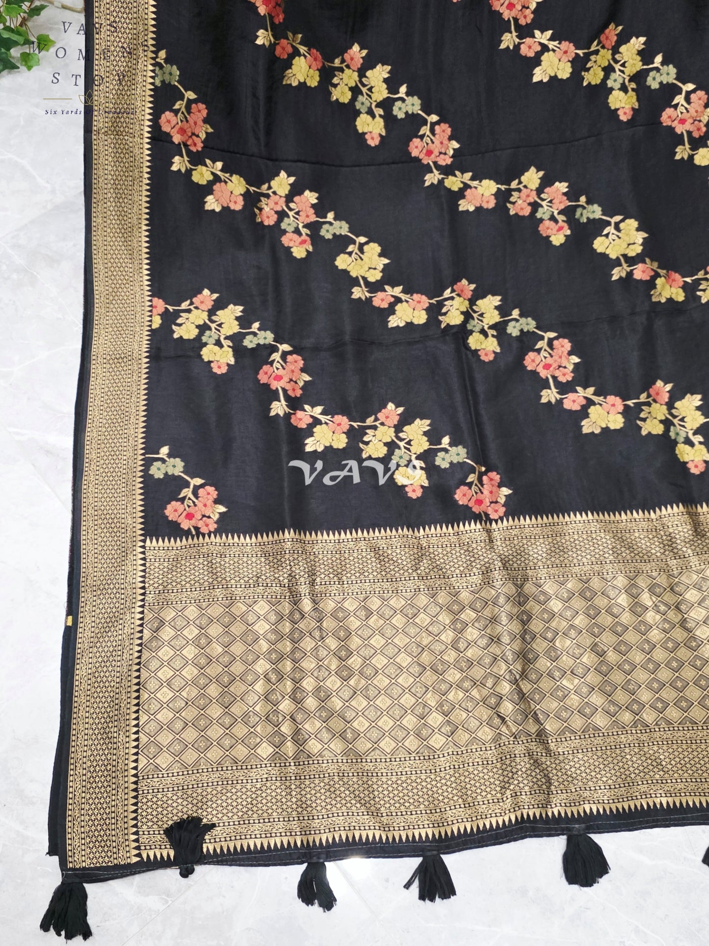 Regal Midnight Black Floral Leheriya Munga Crepe Silk Saree with Antique Gold Pallu & Ruby Red Stitched Blouse