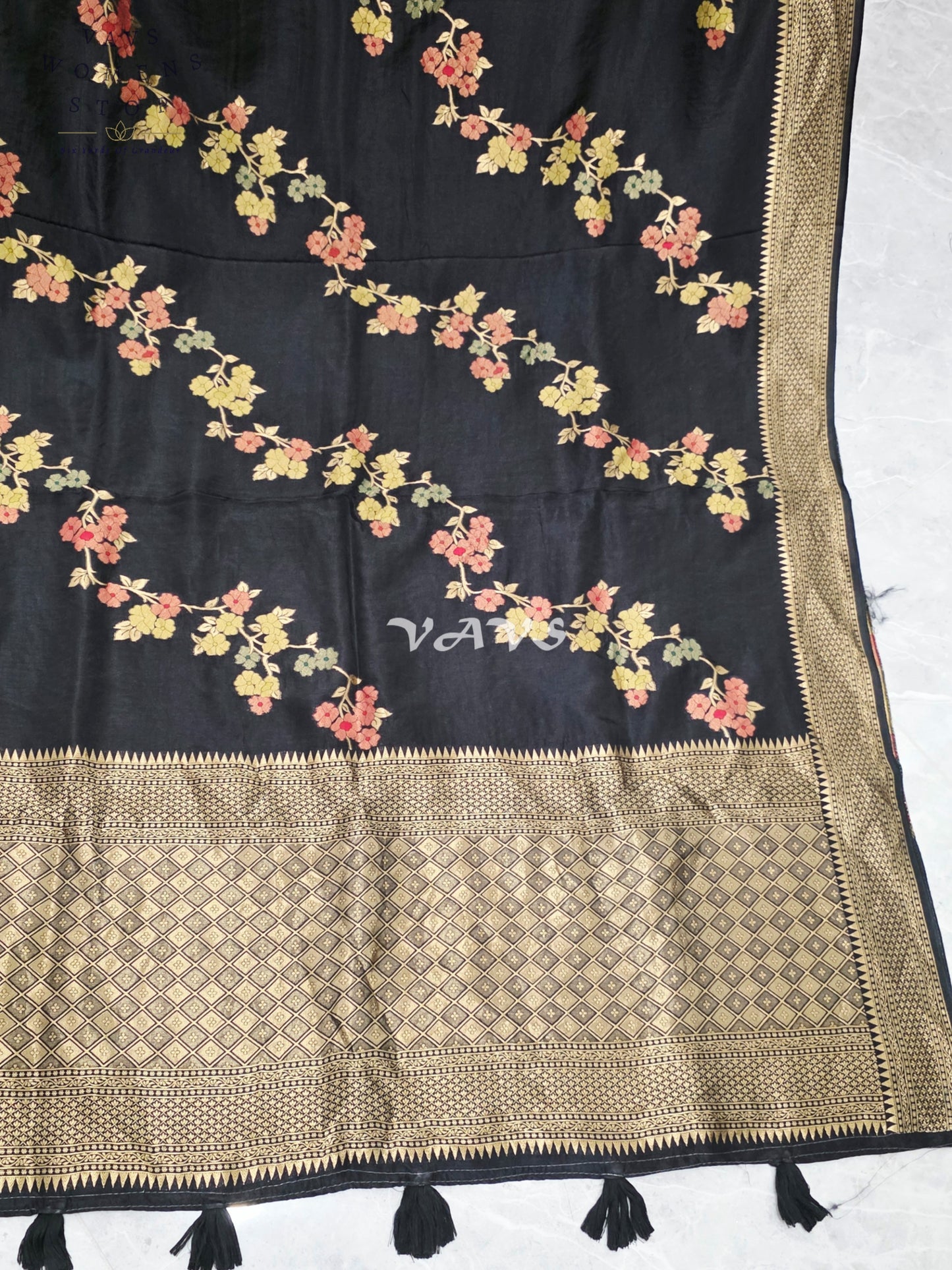 Regal Midnight Black Floral Leheriya Munga Crepe Silk Saree with Antique Gold Pallu & Ruby Red Stitched Blouse