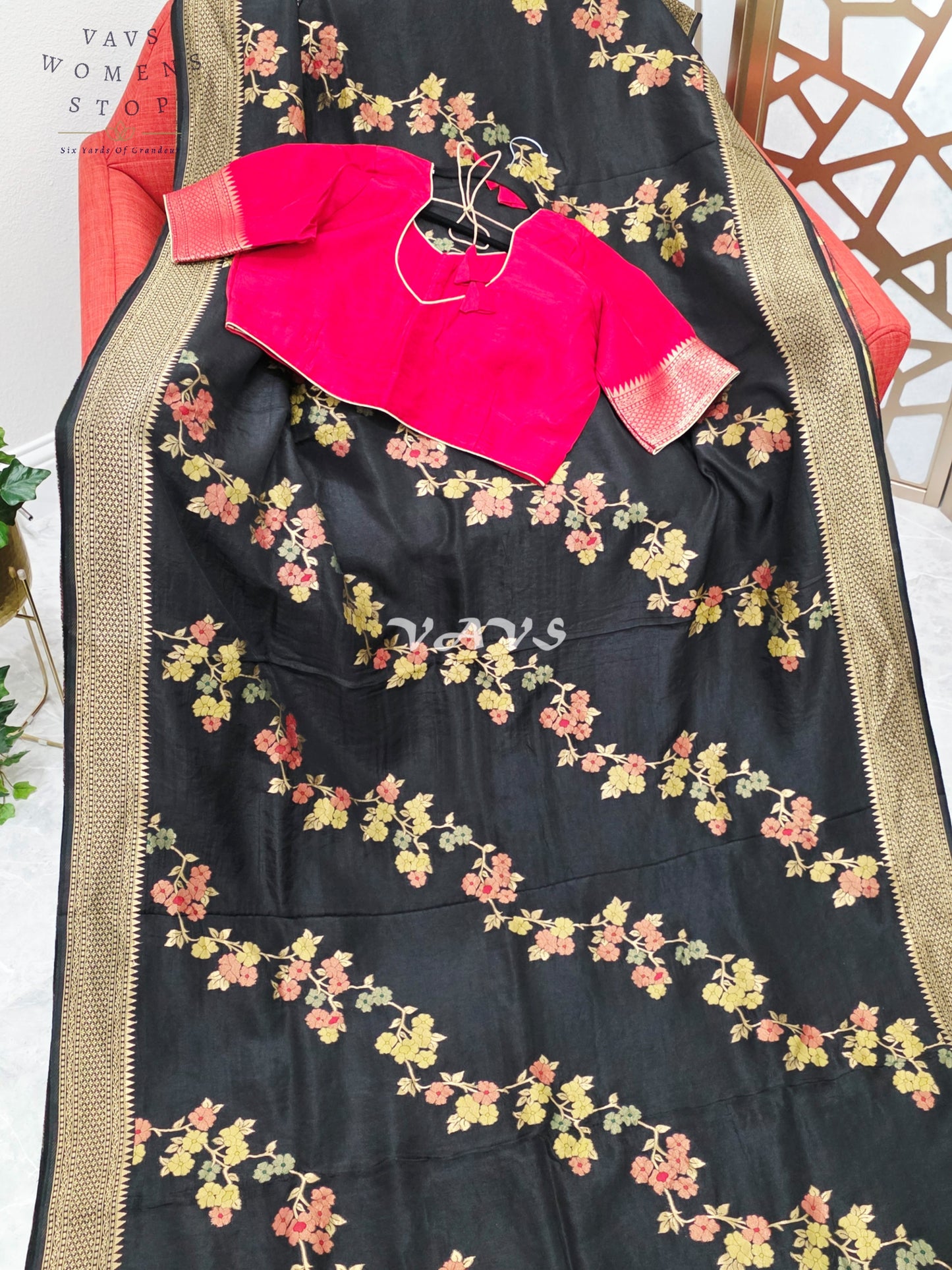 Regal Midnight Black Floral Leheriya Munga Crepe Silk Saree with Antique Gold Pallu & Ruby Red Stitched Blouse