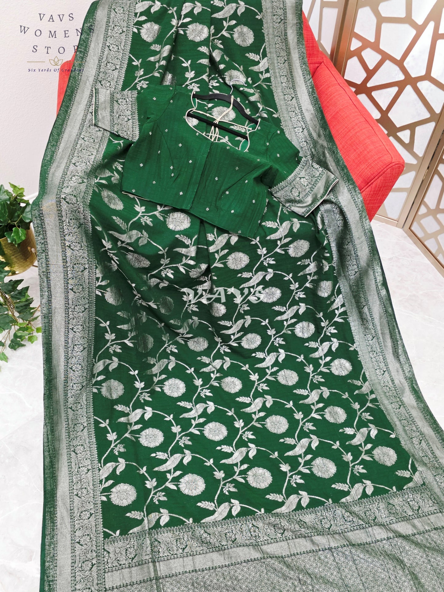 Regal Emerald Green Semi Tussar Georgette Saree with Antique Silver Meenakari Floral Weave & Stitched Blouse