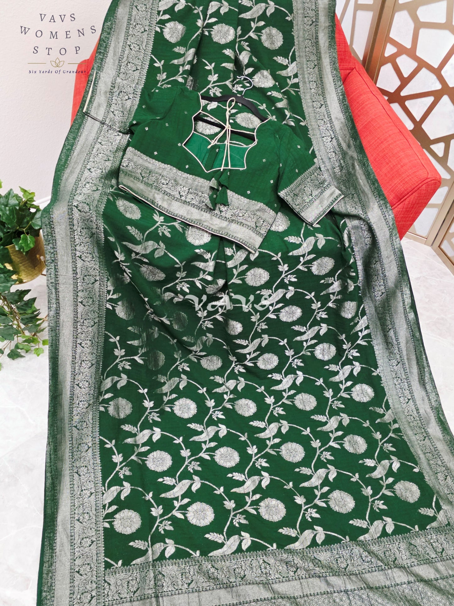 Regal Emerald Green Semi Tussar Georgette Saree with Antique Silver Meenakari Floral Weave & Stitched Blouse