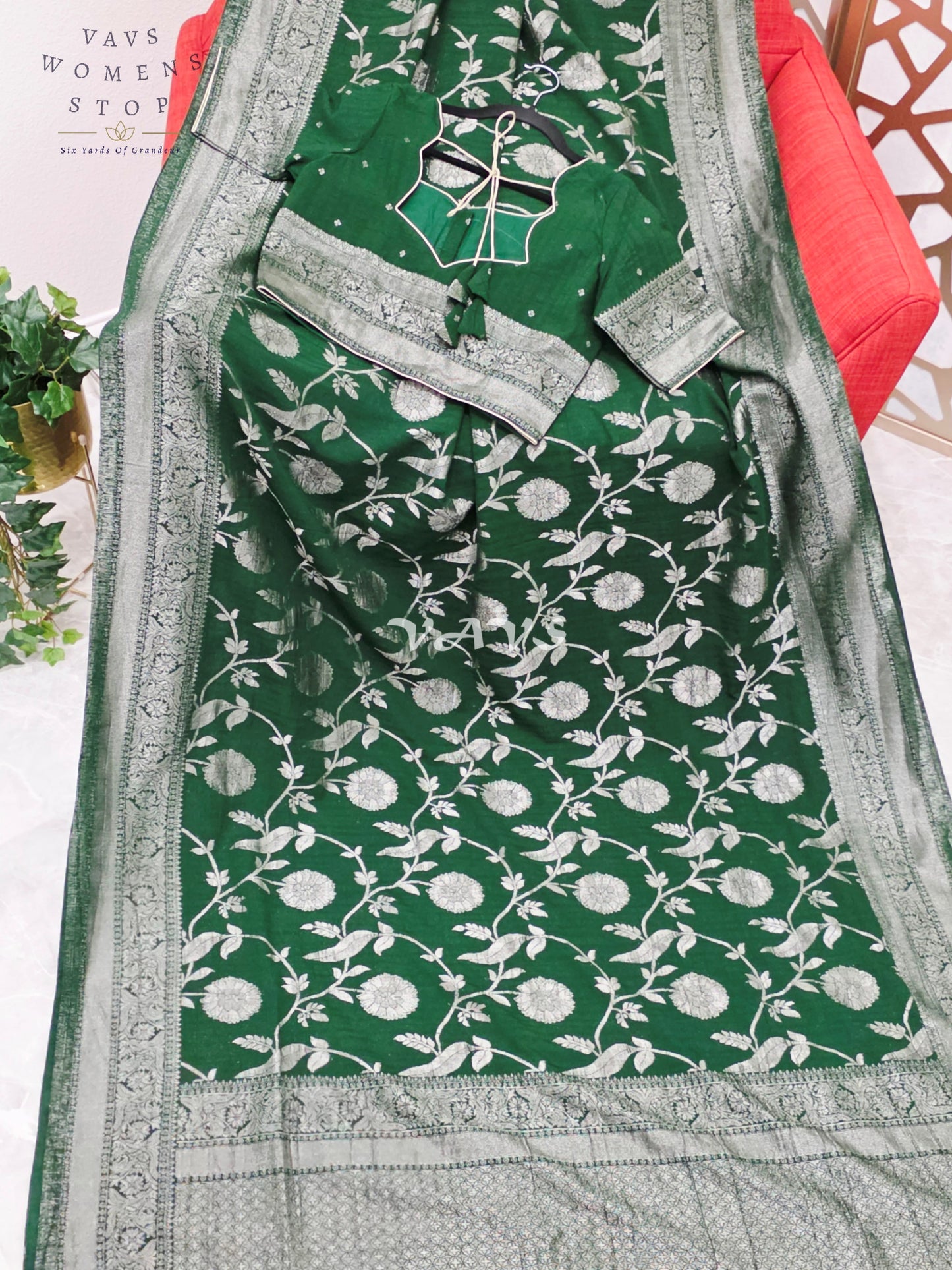Regal Emerald Green Semi Tussar Georgette Saree with Antique Silver Meenakari Floral Weave & Stitched Blouse