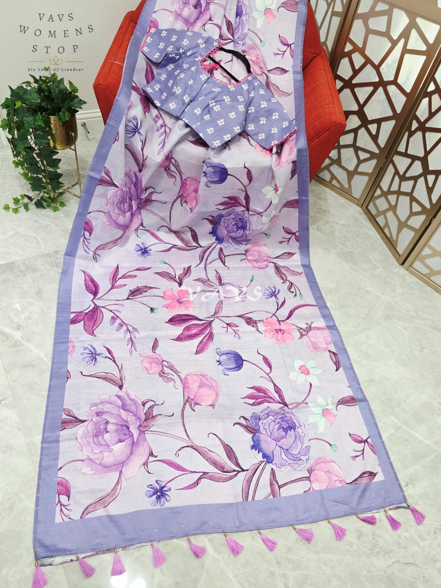 Regal Misty Lavender Semi Tussar Silk Saree with Watercolor Garden Florals & Periwinkle Stitched Blouse