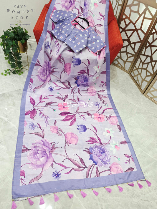 Regal Misty Lavender Semi Tussar Silk Saree with Watercolor Garden Florals & Periwinkle Stitched Blouse