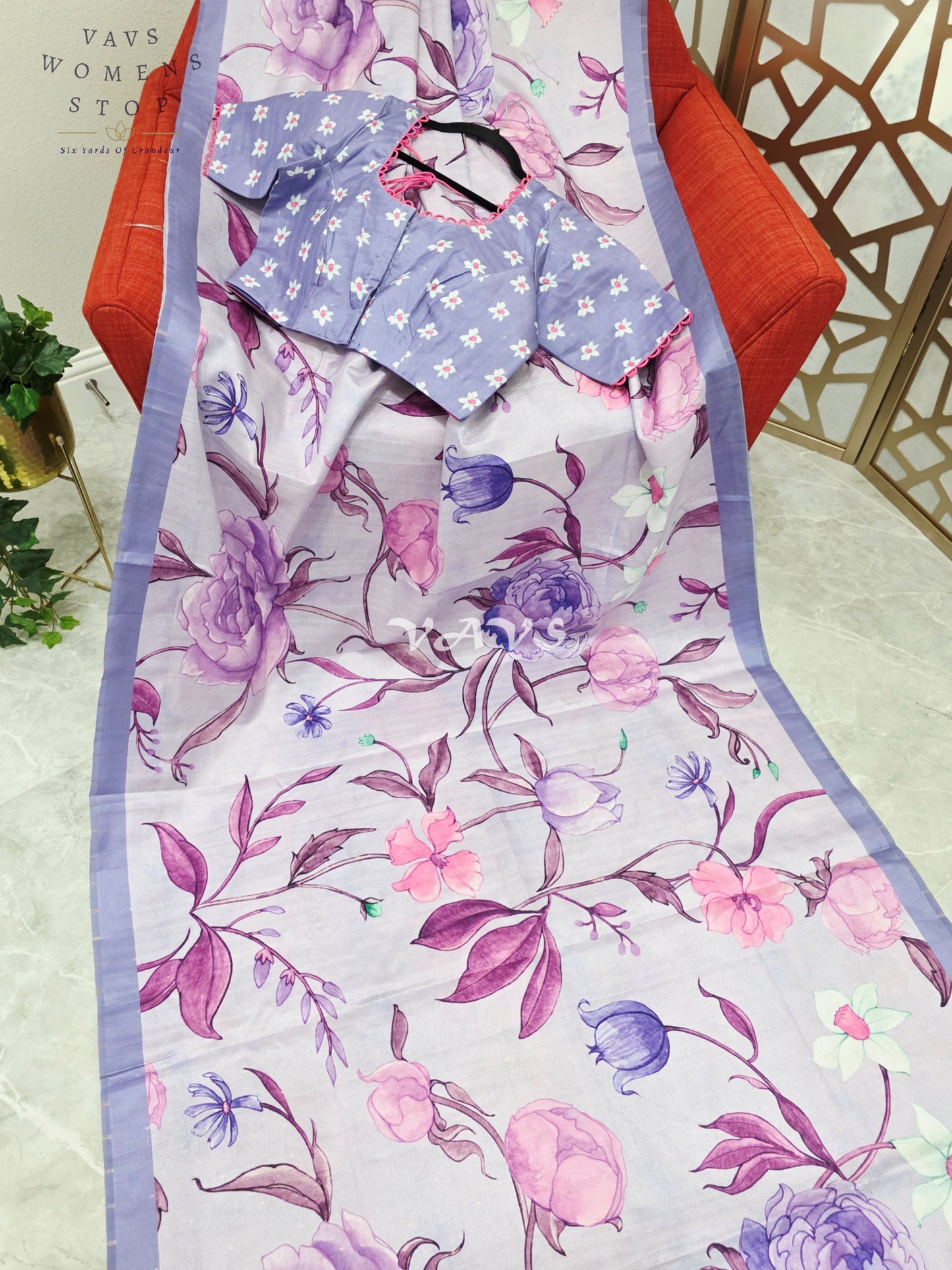 Regal Misty Lavender Semi Tussar Silk Saree with Watercolor Garden Florals & Periwinkle Stitched Blouse