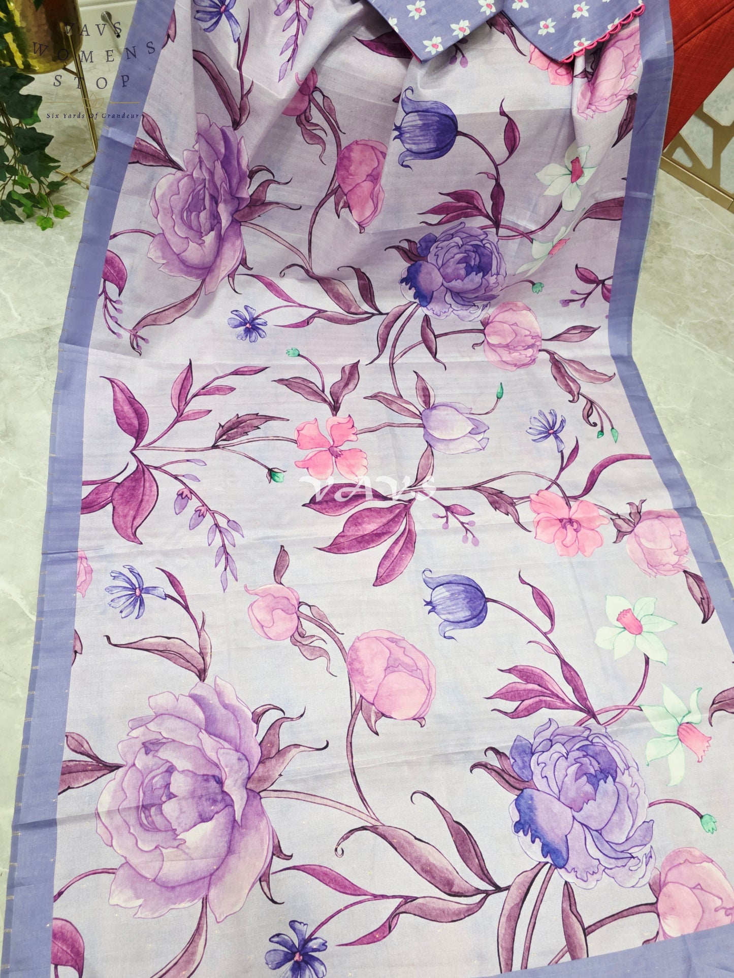 Regal Misty Lavender Semi Tussar Silk Saree with Watercolor Garden Florals & Periwinkle Stitched Blouse