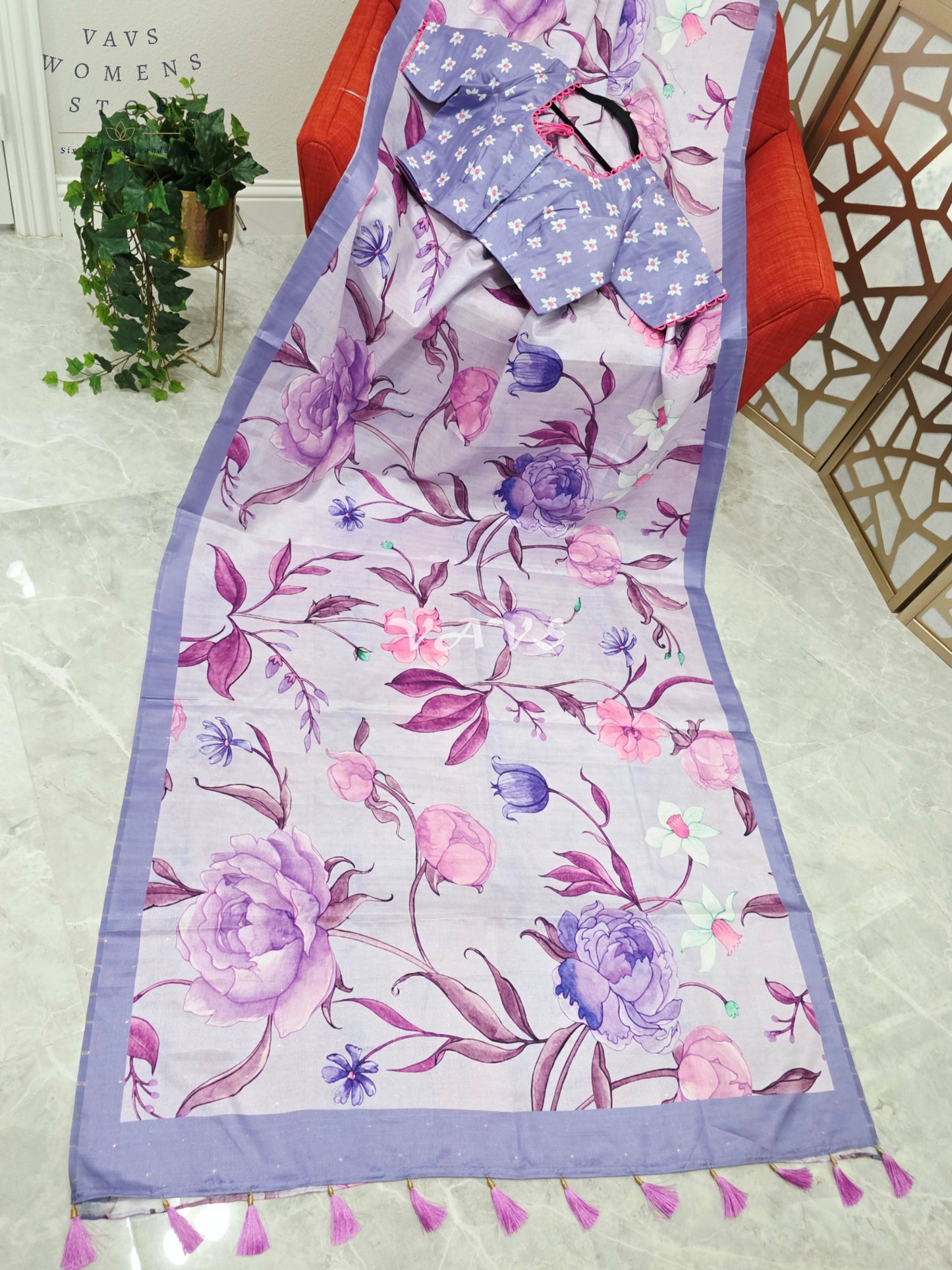 Regal Misty Lavender Semi Tussar Silk Saree with Watercolor Garden Florals & Periwinkle Stitched Blouse
