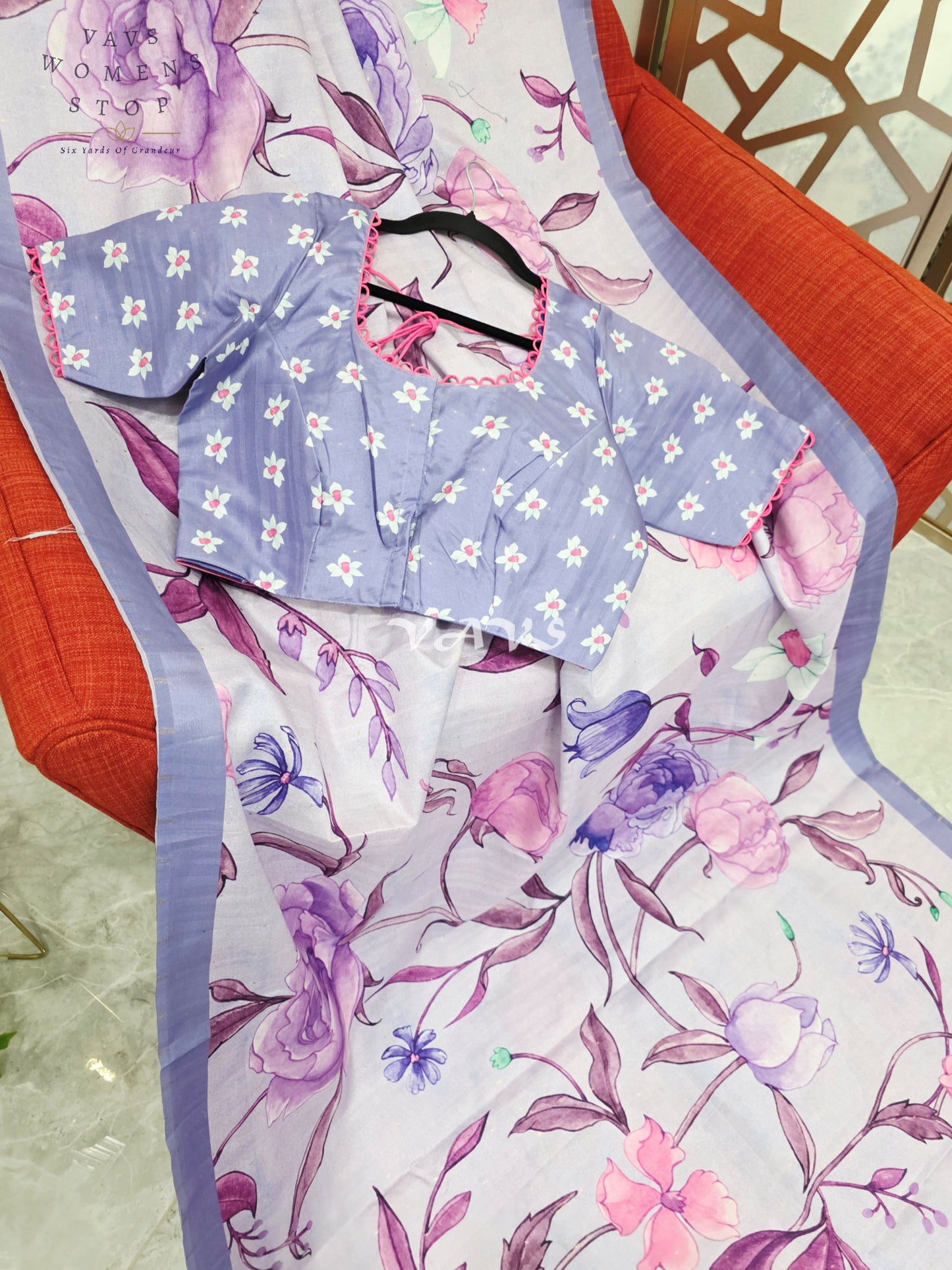 Regal Misty Lavender Semi Tussar Silk Saree with Watercolor Garden Florals & Periwinkle Stitched Blouse