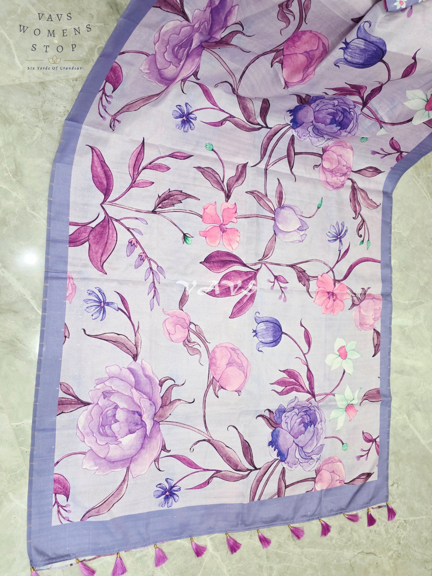 Regal Misty Lavender Semi Tussar Silk Saree with Watercolor Garden Florals & Periwinkle Stitched Blouse