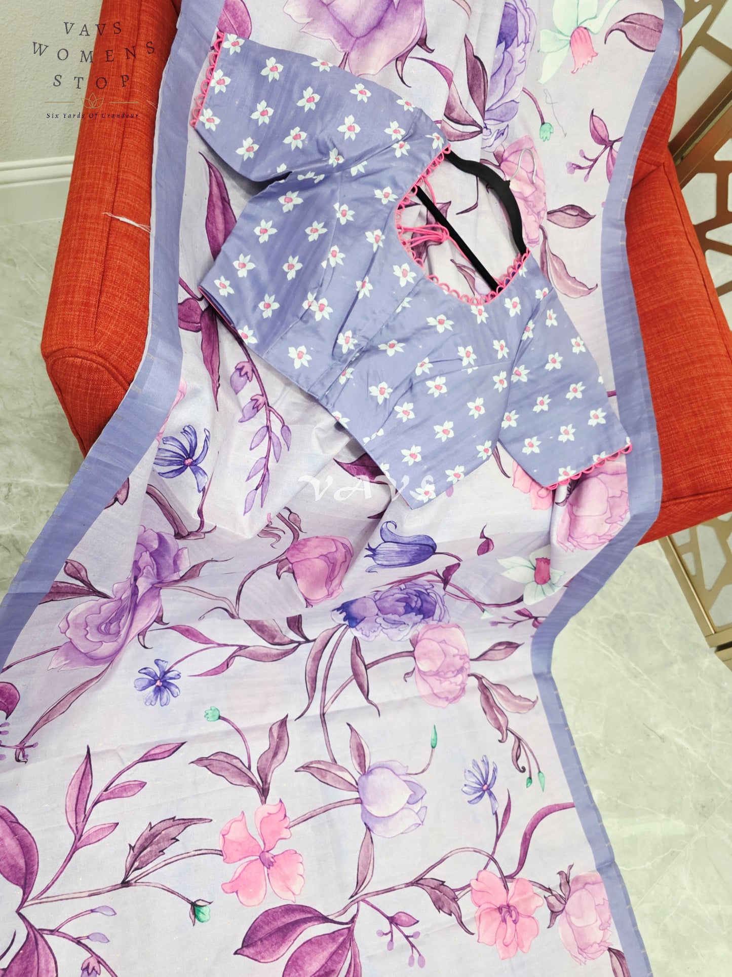 Regal Misty Lavender Semi Tussar Silk Saree with Watercolor Garden Florals & Periwinkle Stitched Blouse