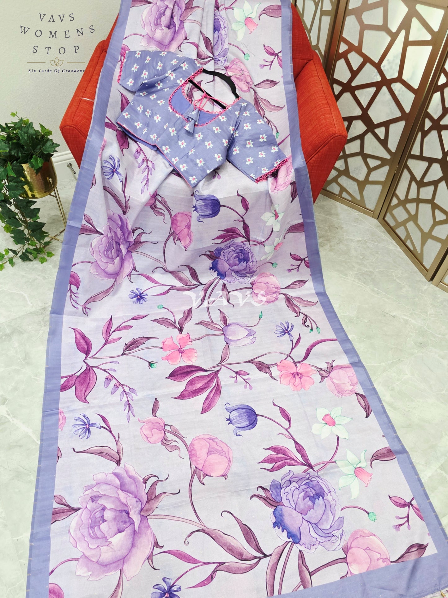 Regal Misty Lavender Semi Tussar Silk Saree with Watercolor Garden Florals & Periwinkle Stitched Blouse