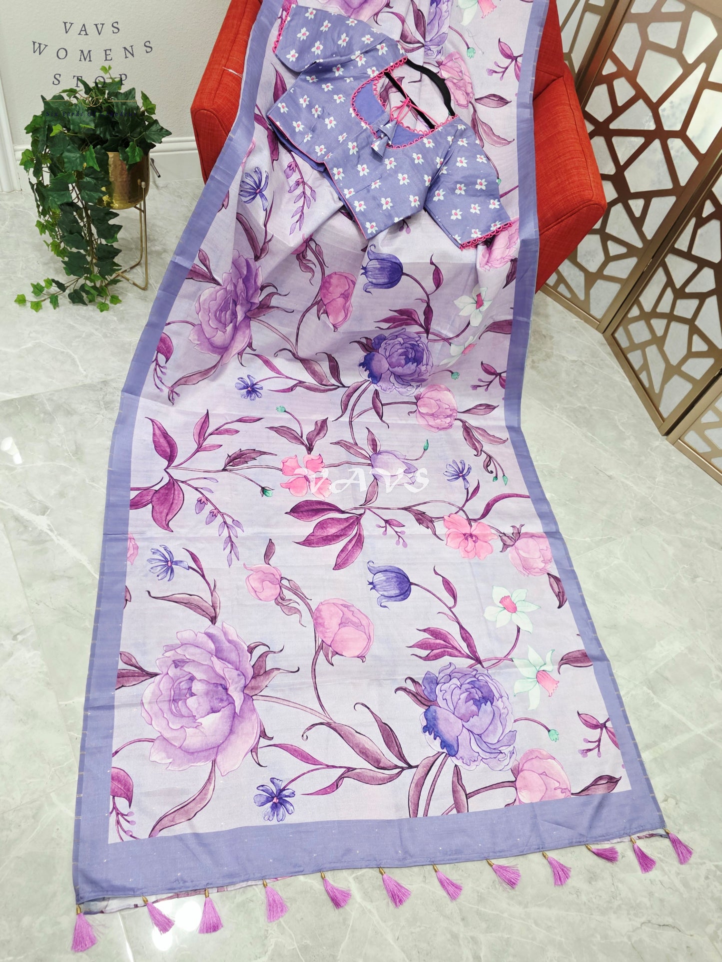 Regal Misty Lavender Semi Tussar Silk Saree with Watercolor Garden Florals & Periwinkle Stitched Blouse