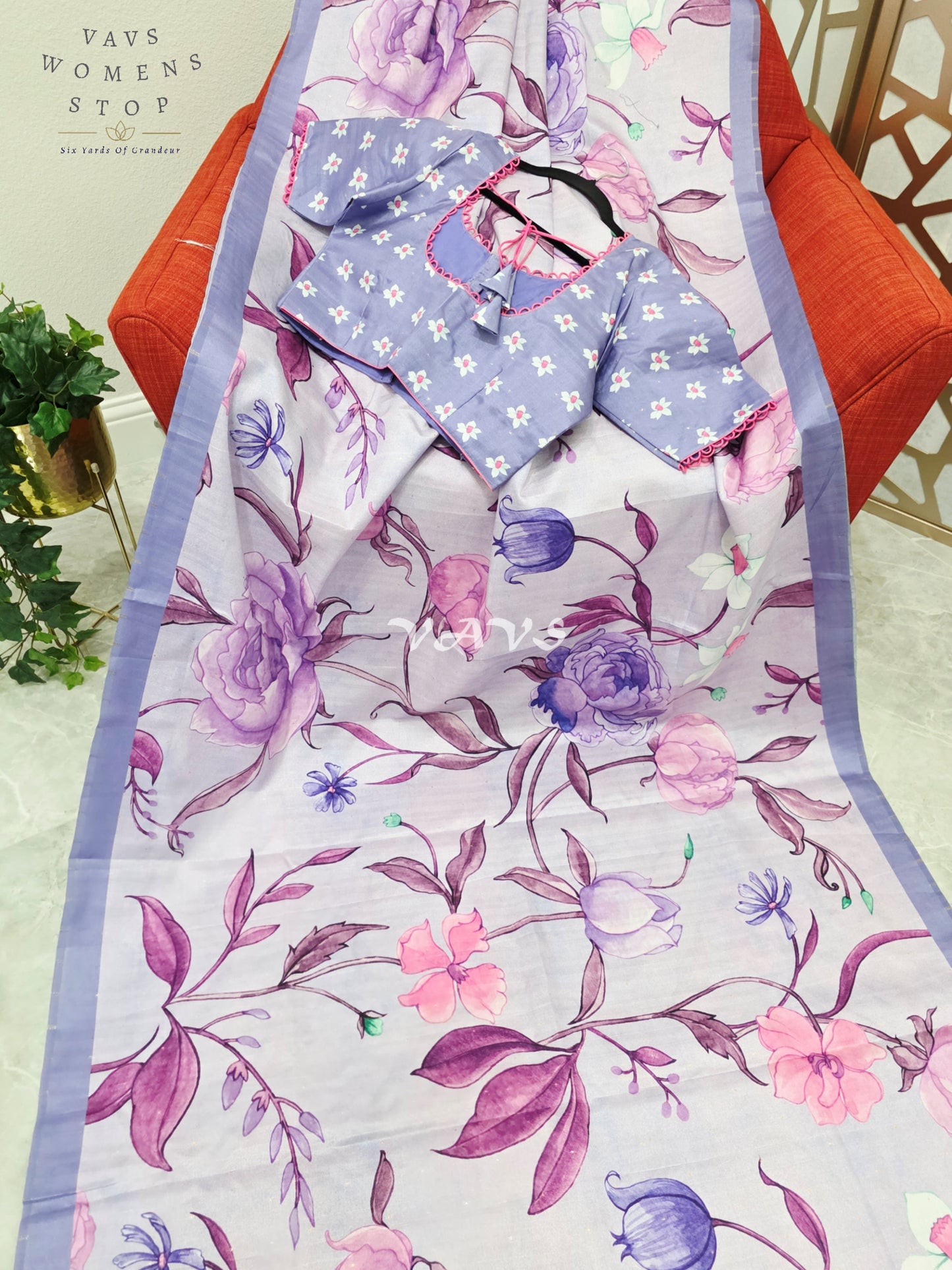 Regal Misty Lavender Semi Tussar Silk Saree with Watercolor Garden Florals & Periwinkle Stitched Blouse