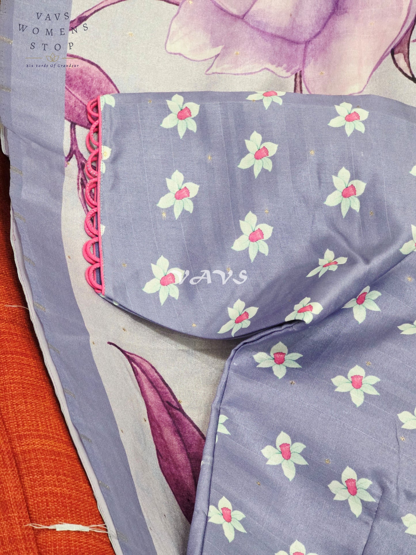 Regal Misty Lavender Semi Tussar Silk Saree with Watercolor Garden Florals & Periwinkle Stitched Blouse