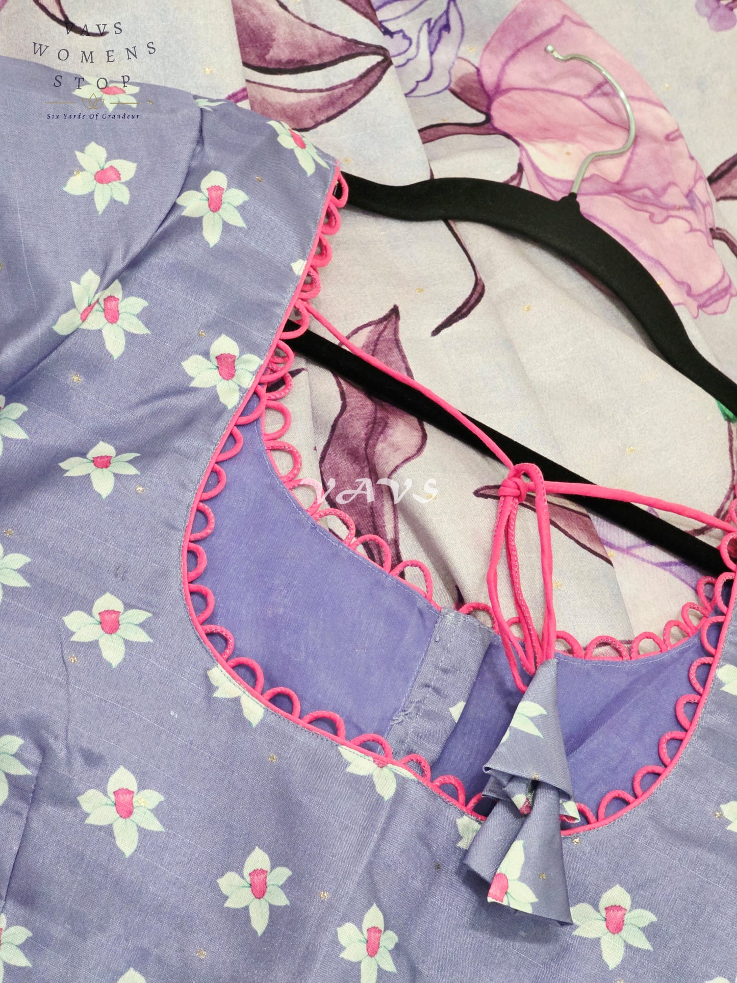 Regal Misty Lavender Semi Tussar Silk Saree with Watercolor Garden Florals & Periwinkle Stitched Blouse