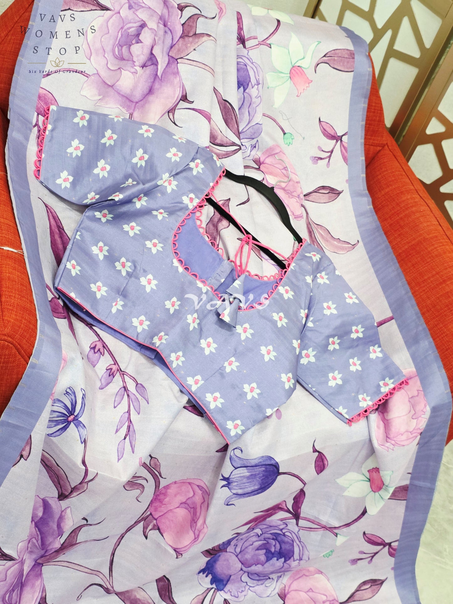 Regal Misty Lavender Semi Tussar Silk Saree with Watercolor Garden Florals & Periwinkle Stitched Blouse