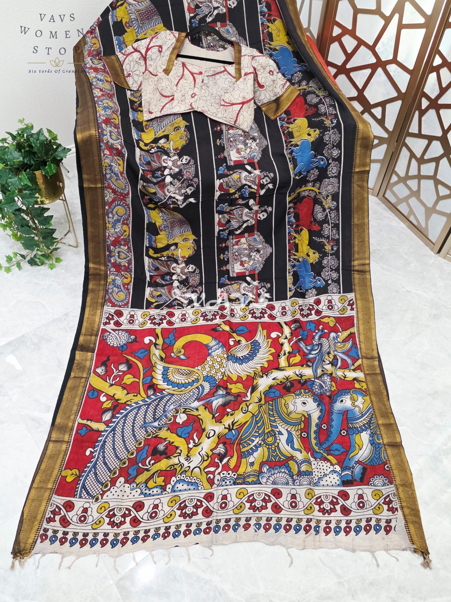 Regal Midnight Black Nizam Border Kalamkari Saree with Vermilion Heritage Pallu & Premium Stitched Blouse
