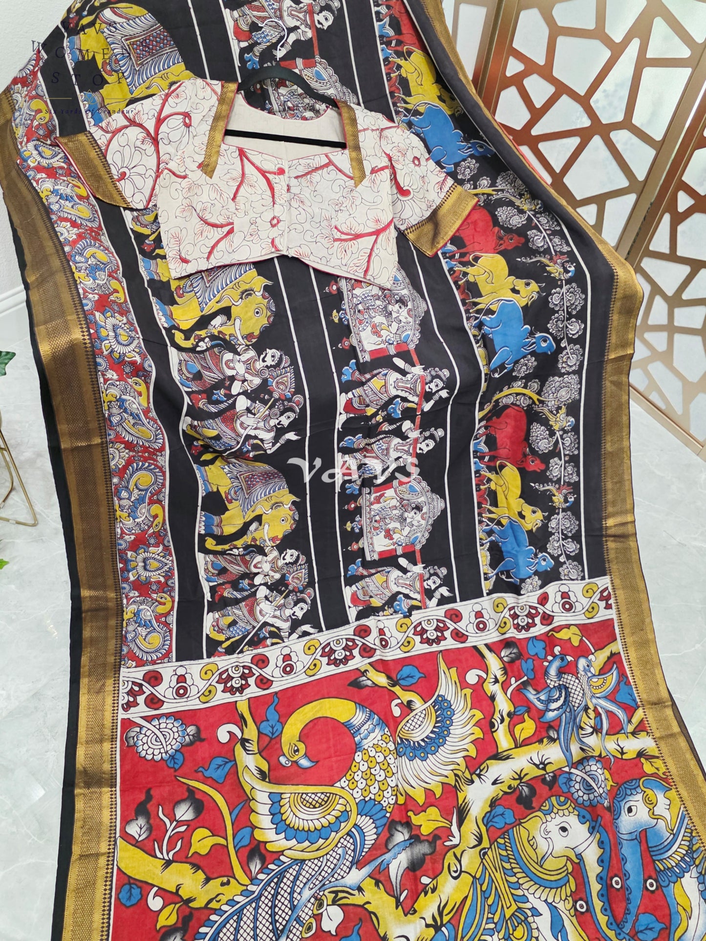 Regal Midnight Black Nizam Border Kalamkari Saree with Vermilion Heritage Pallu & Premium Stitched Blouse